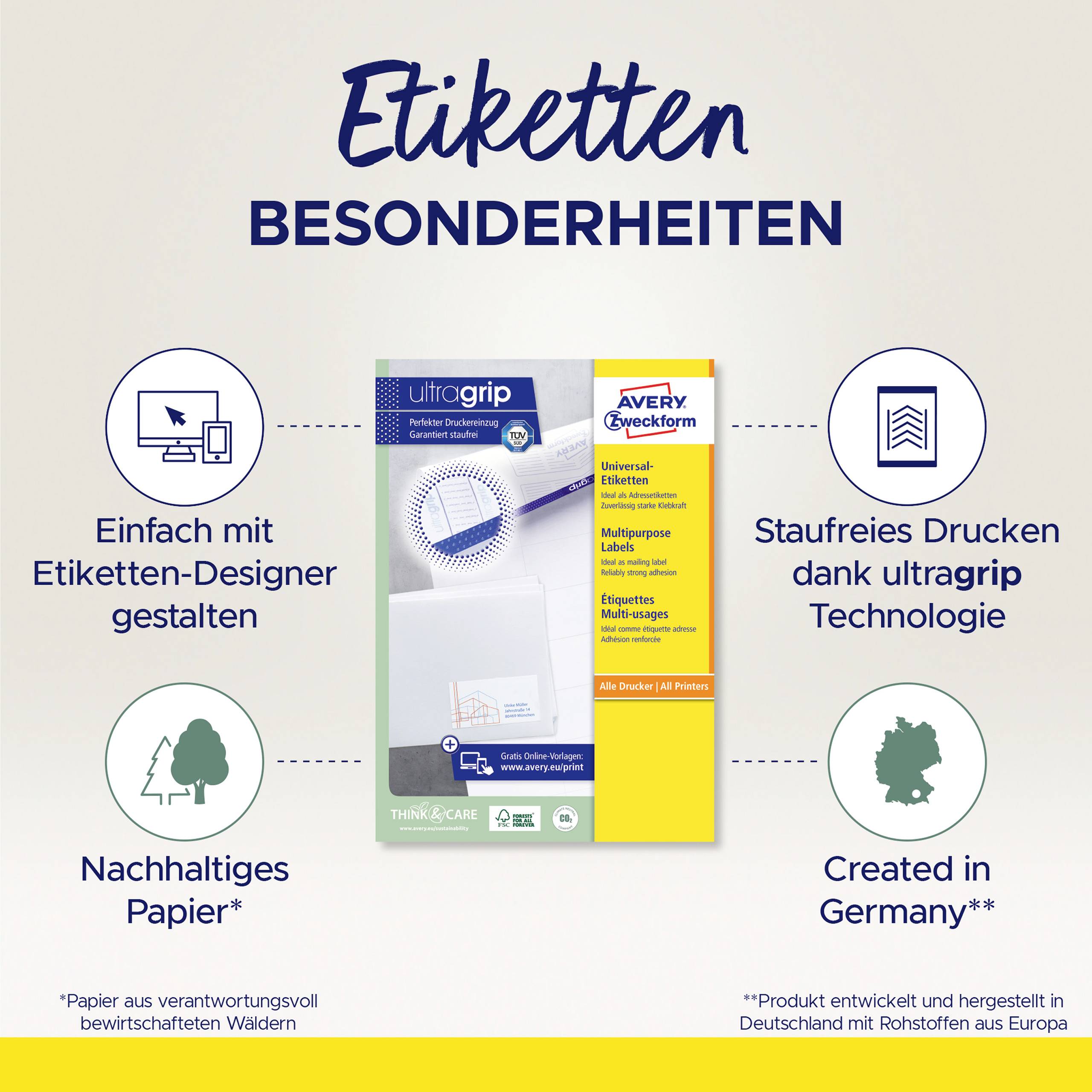 'Etiketten Besonderheiten' zeigt ein Avery Produkt mit ultragrip für staufreies Drucken, nachhaltiges Papier und in Deutschland hergestellt.