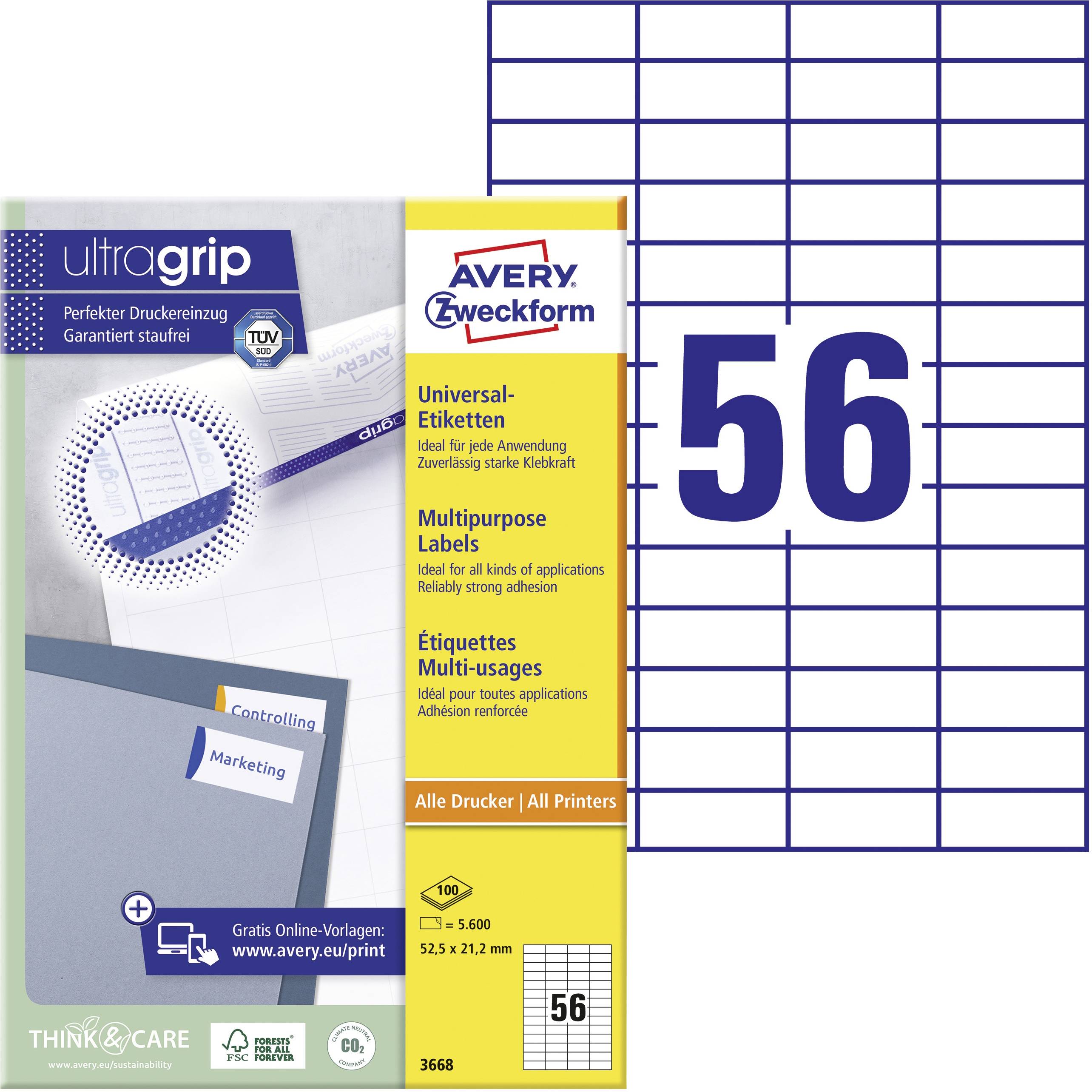 Etiketten aus Papier für den universellen Einsatz auf verschiedenen Oberflächen von Avery Zweckform, 56 Etiketten pro Bogen.