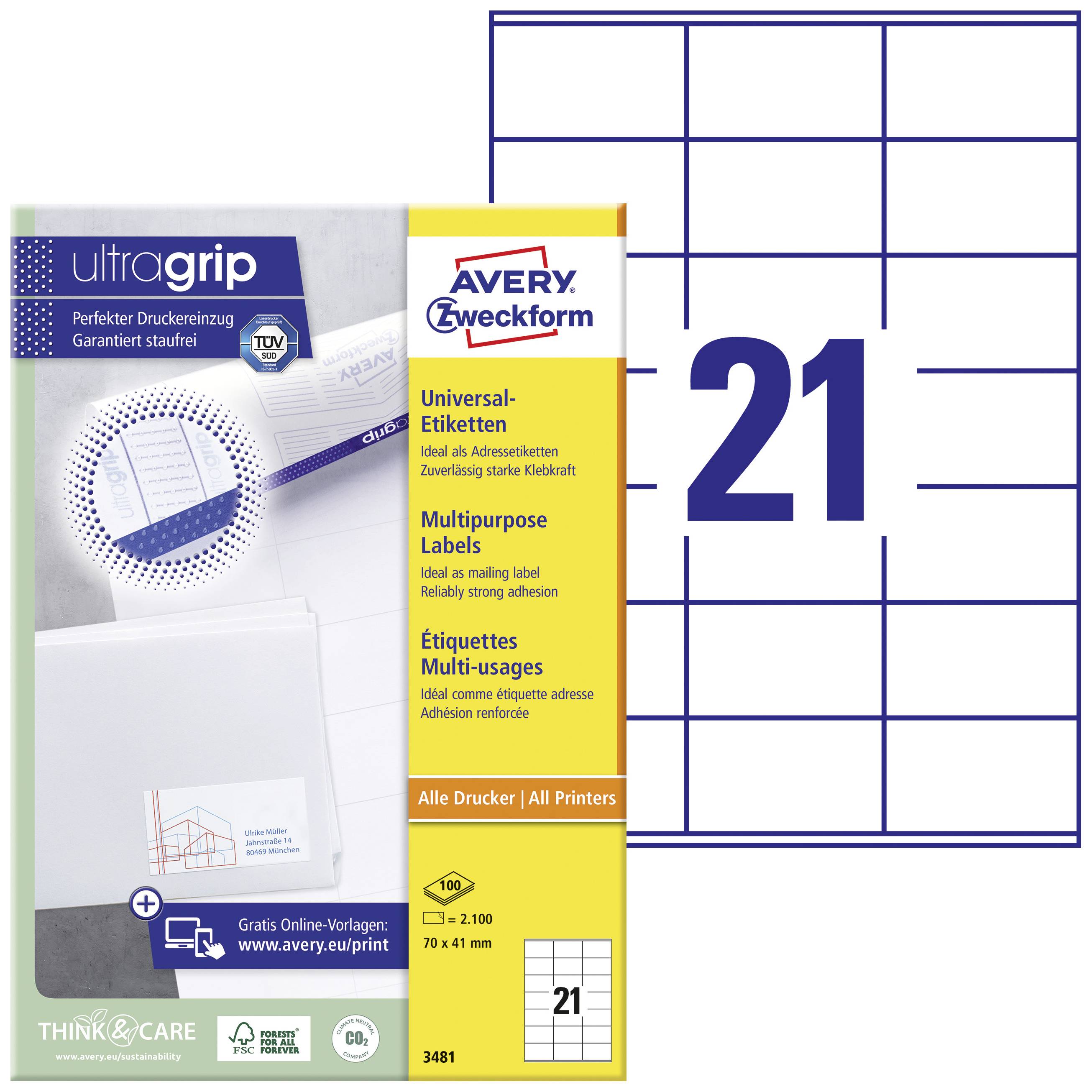 Avery Zweckform UltraGrip Universal-Etiketten, ideal für alle Druckertypen. 21 Etiketten pro Bogen. Gratis Online-Vorlagen.