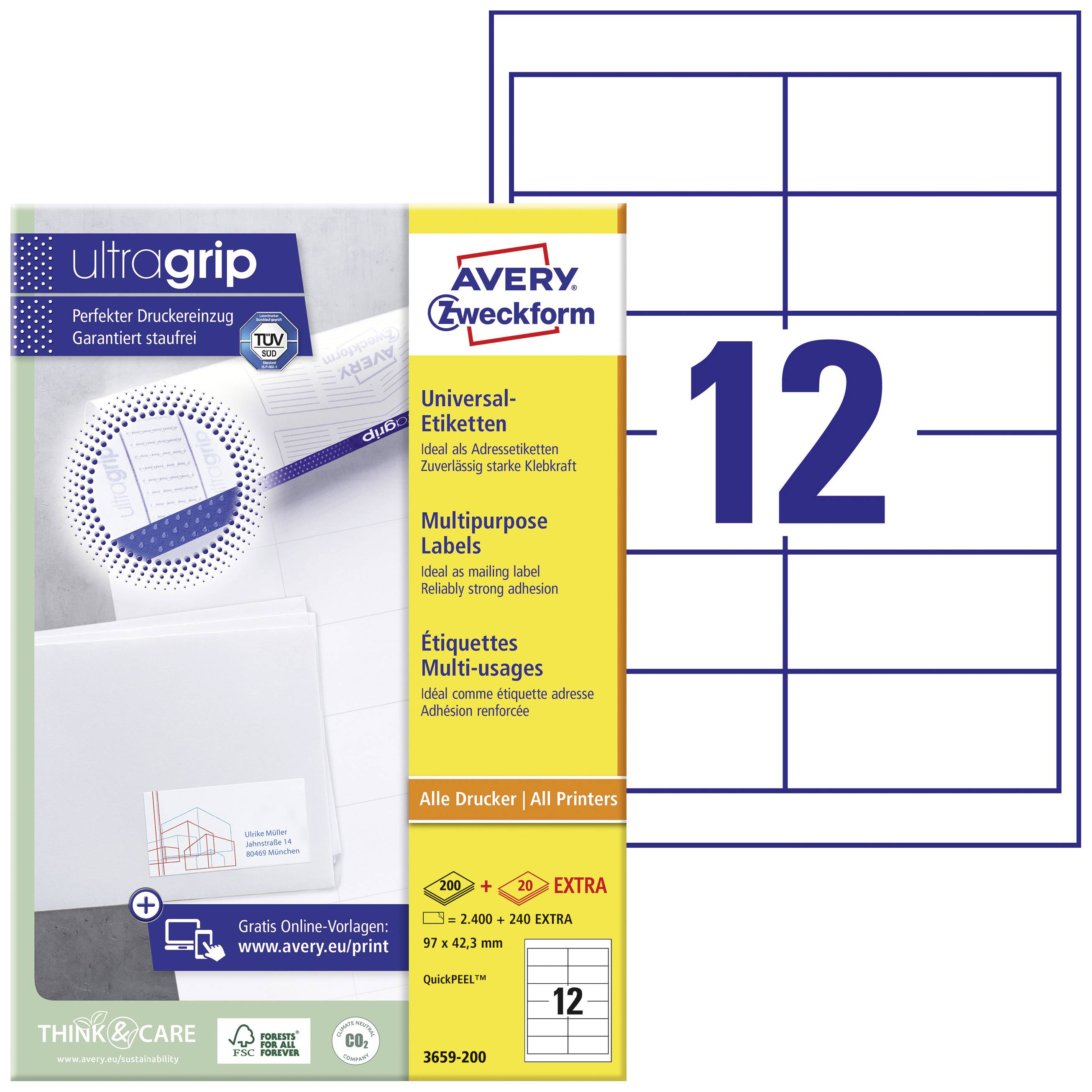 Avery Zweckform Universal-Etiketten für alle Drucker, ultragrip-Technologie für perfekte Druckergebnisse, 12 Etiketten pro Blatt.