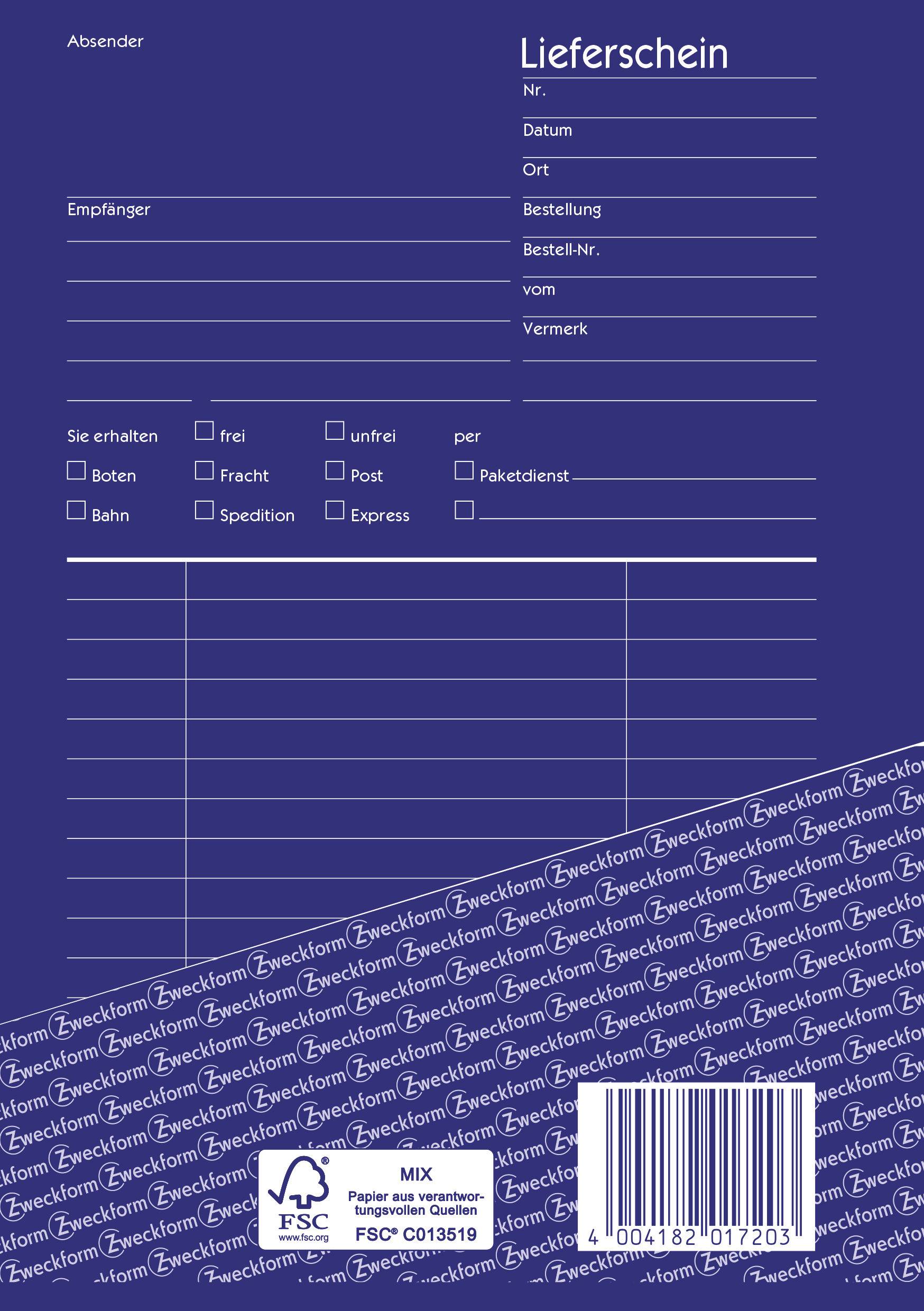 'Lieferschein'-Formular mit Feldern für Absender, Datum, Ort, Empfänger, Bestell-Nr., Versandart und weitere Informationen auf blauem Hintergrund.
