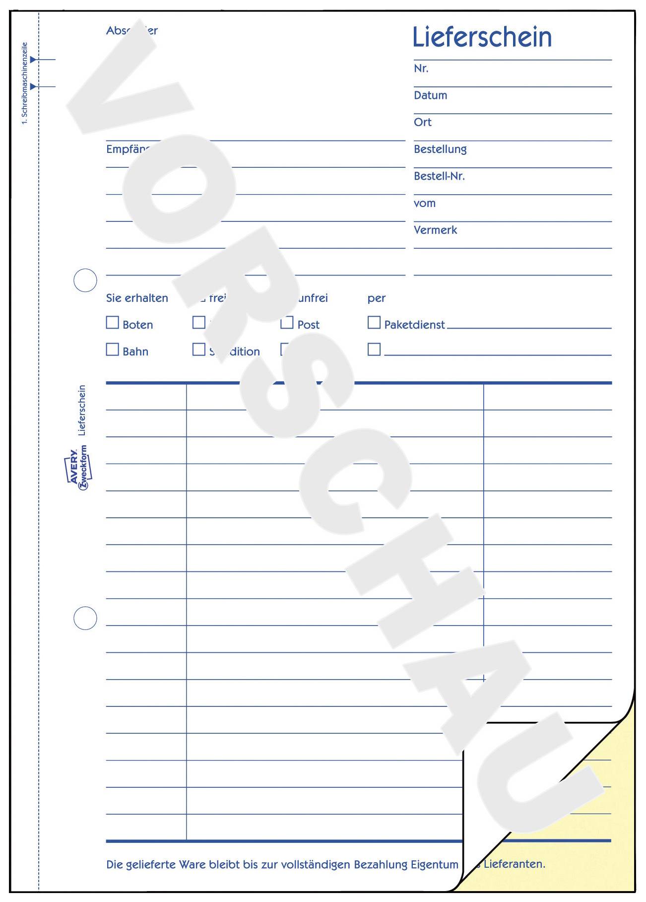 'Lieferschein' Formular mit Feldern für Nr., Datum, Ort, Besteller, Bestellung, Bestell-Nr., von, Vermerk. Optionen für Zustellung durch Boten, Bahn, Post oder Paketdienst.