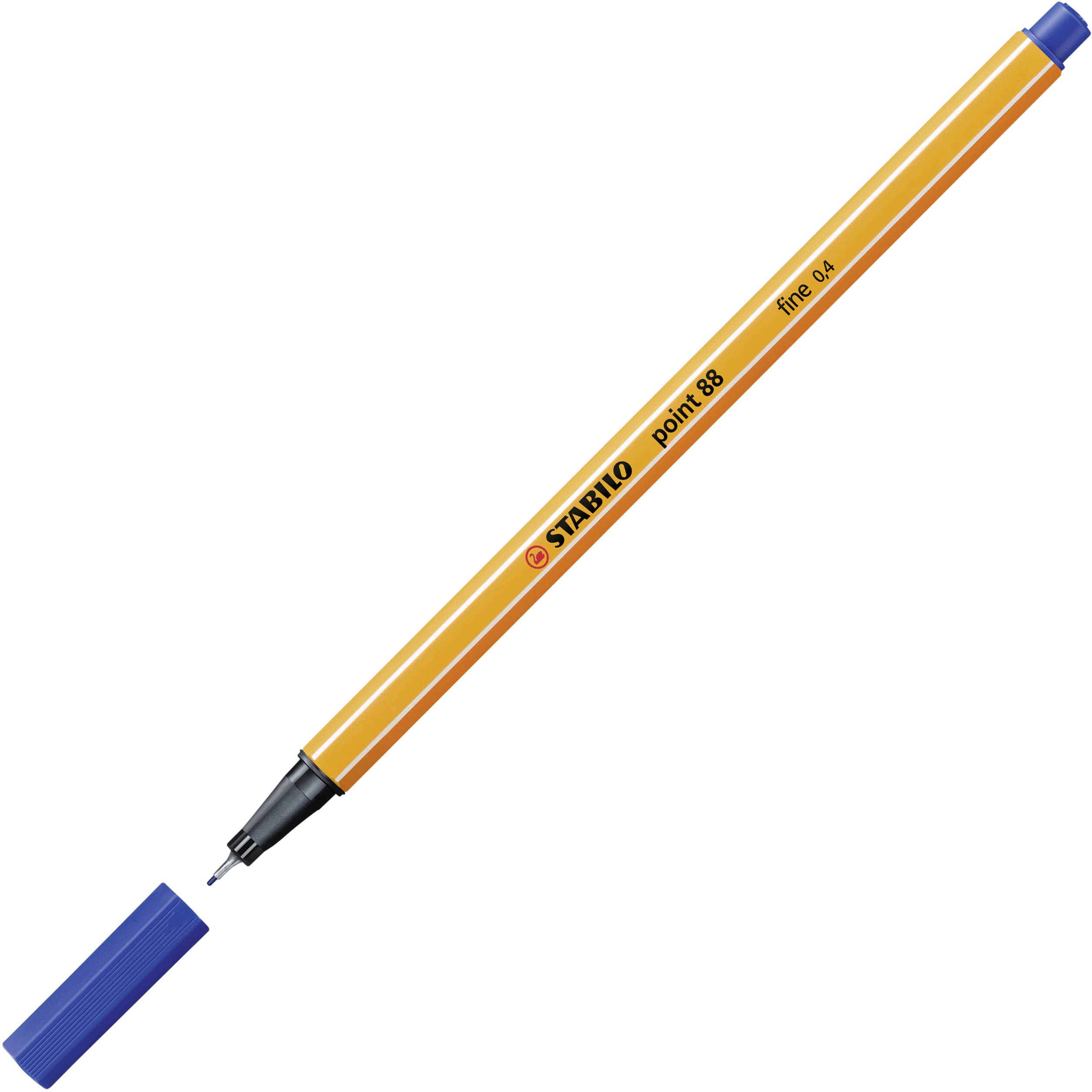 Ein orangefarbener Fineliner von Stabilo mit abgenommenem blauen Deckel, Modell 'point 88'.
