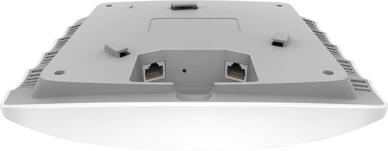 Rückansicht eines grauen Routers oder Access Points mit zwei Ethernet-Anschlüssen und Belüftungsschlitzen auf beiden Seiten.