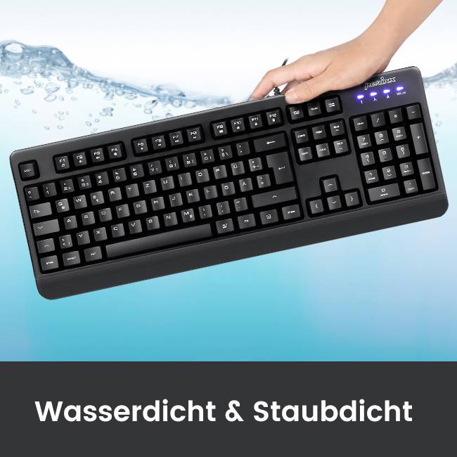 Perixx Periboard-517 B USB Tastatur Deutsch, QWERTZ Schwarz Staubgeschützt, Spritzwassergeschützt