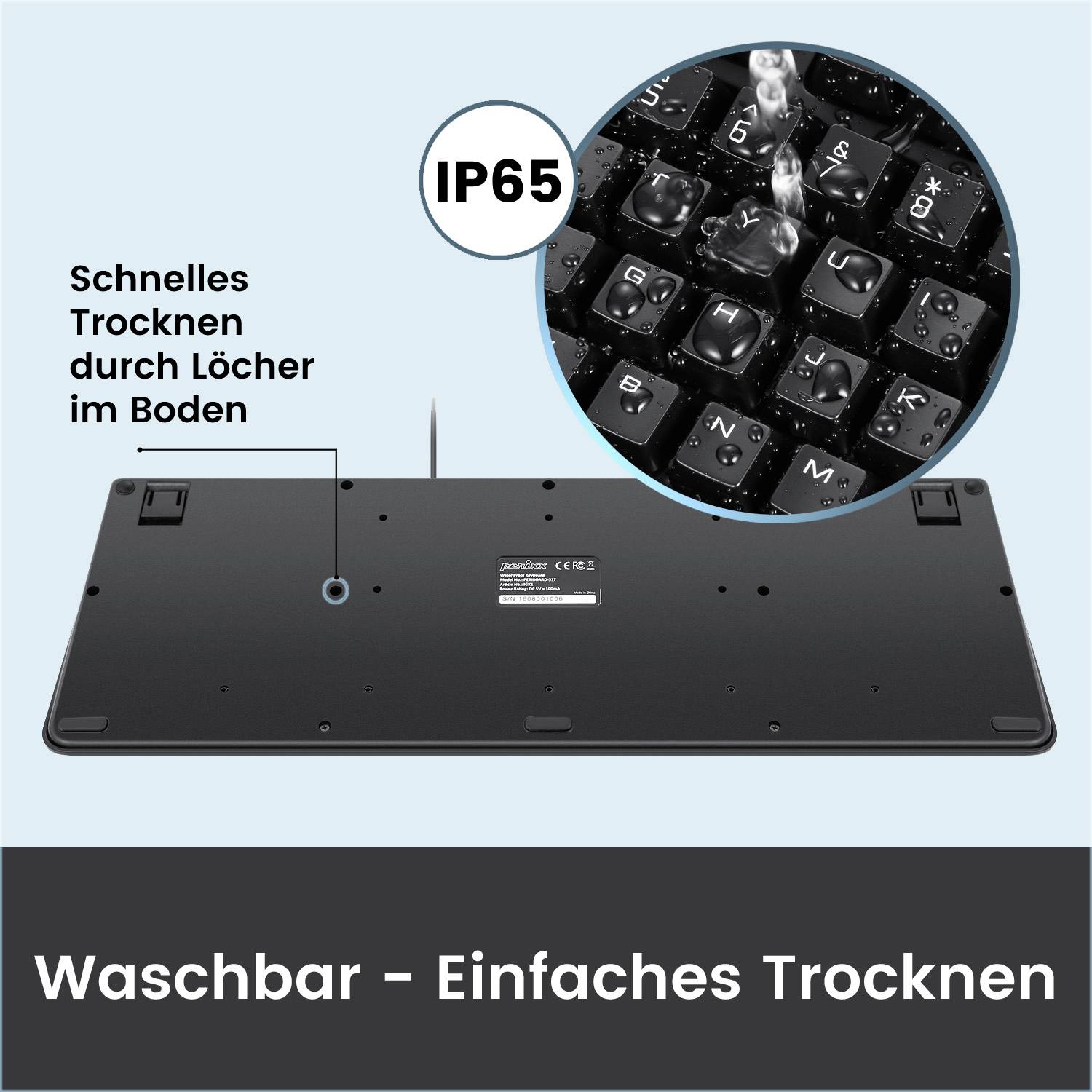 Perixx Periboard-517 B USB Tastatur Deutsch, QWERTZ Schwarz Staubgeschützt, Spritzwassergeschützt