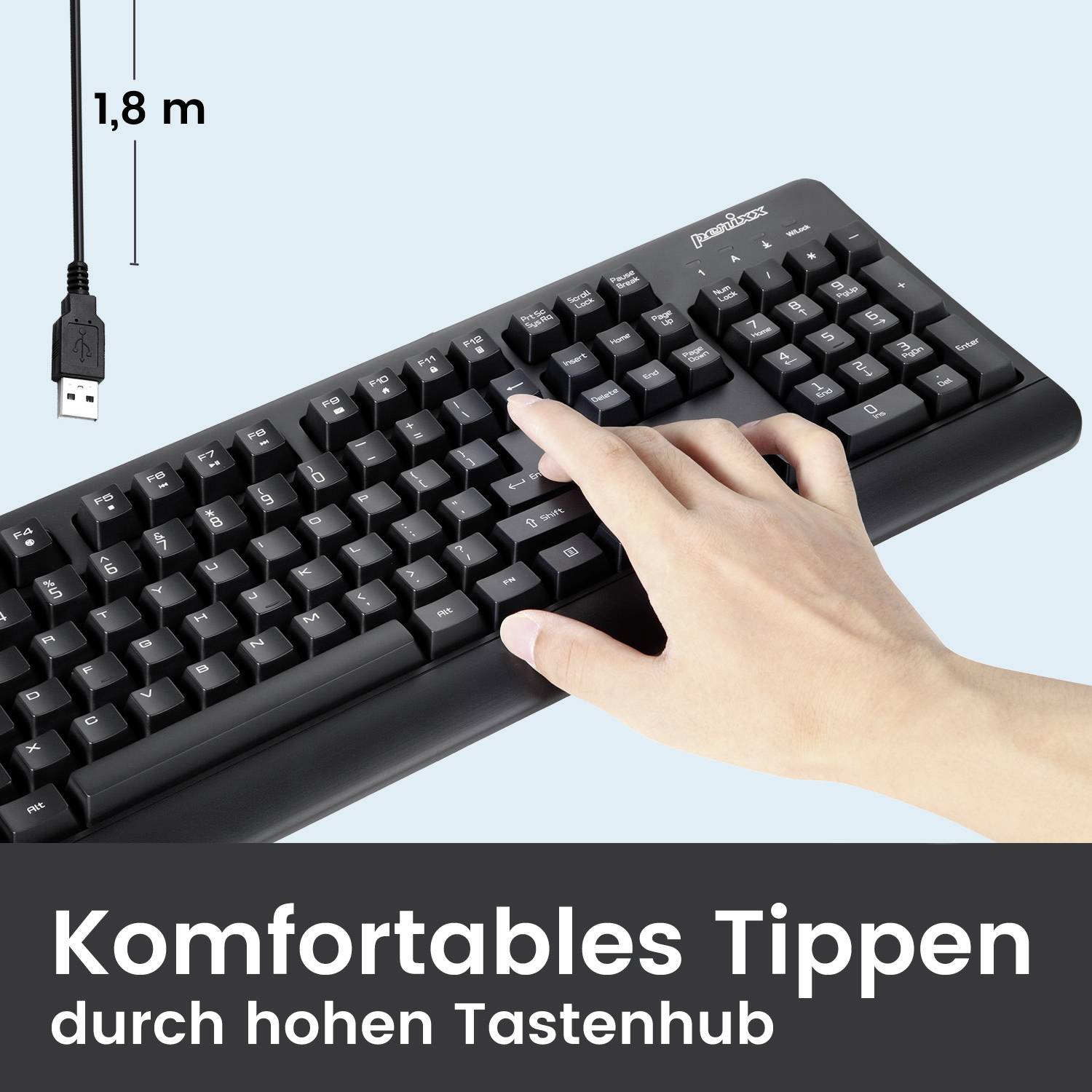 Perixx Periboard-517 B USB Tastatur Deutsch, QWERTZ Schwarz Staubgeschützt, Spritzwassergeschützt