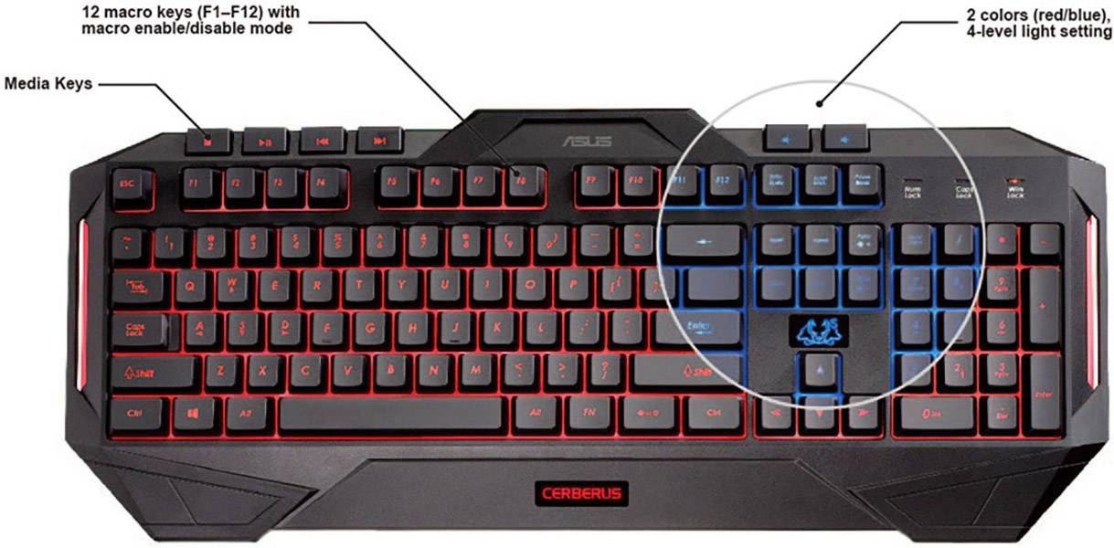 Asus Cerberus USB Gaming-Tastatur Beleuchtet Deutsch, QWERTZ, Windows® Schwarz