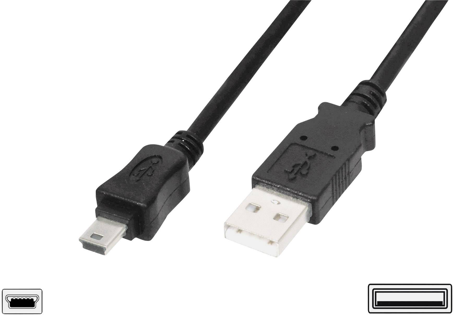 USB-Kabel mit einem USB-A-Stecker und einem Mini-USB-Stecker, die häufig für den Anschluss von Geräten wie Kameras an Computer verwendet werden.