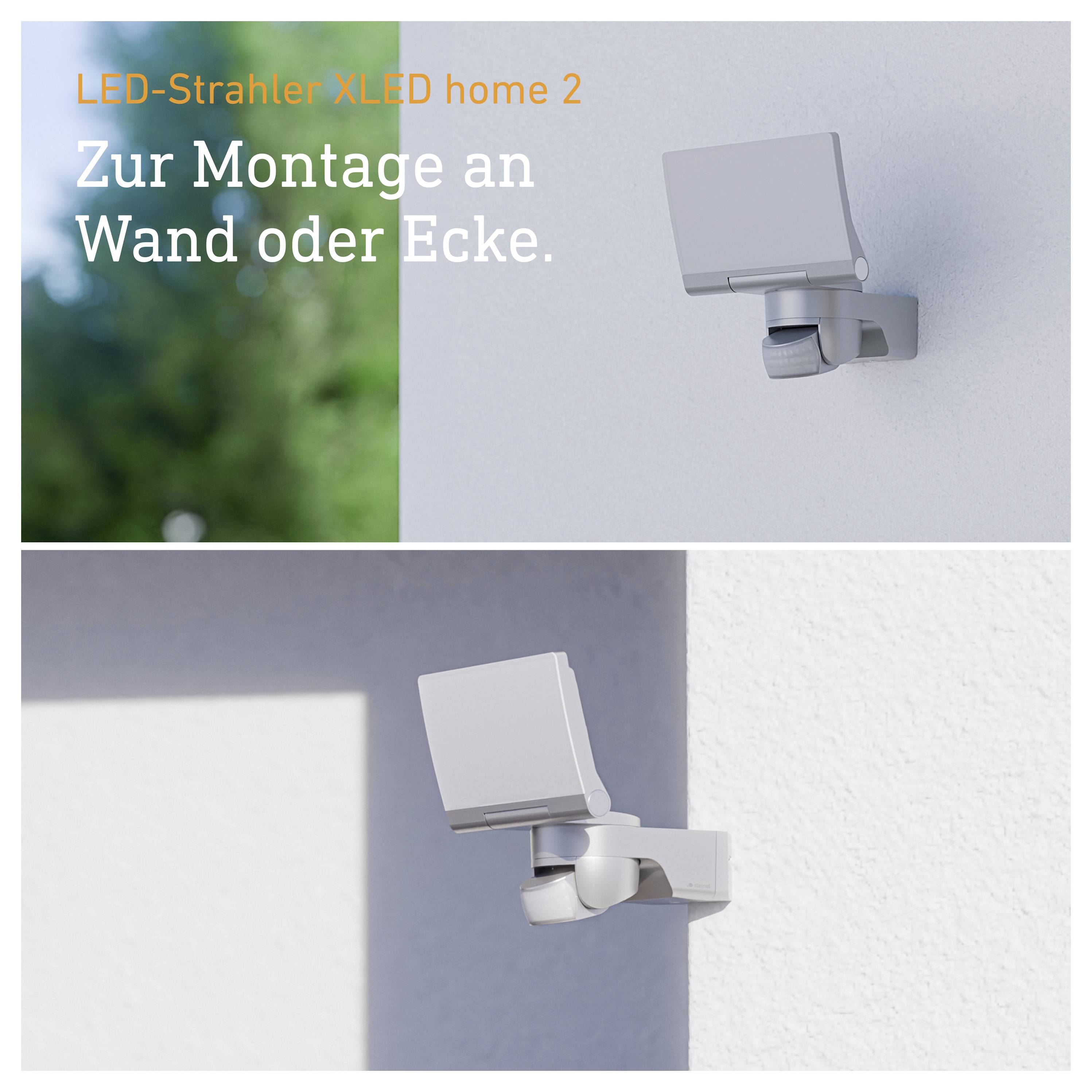 Produktbild eines LED-Strahlers 'XLED home 2' zur Montage an Wand oder Ecke, gezeigt an der Wand mit verstellbarem Bewegungsmelder.