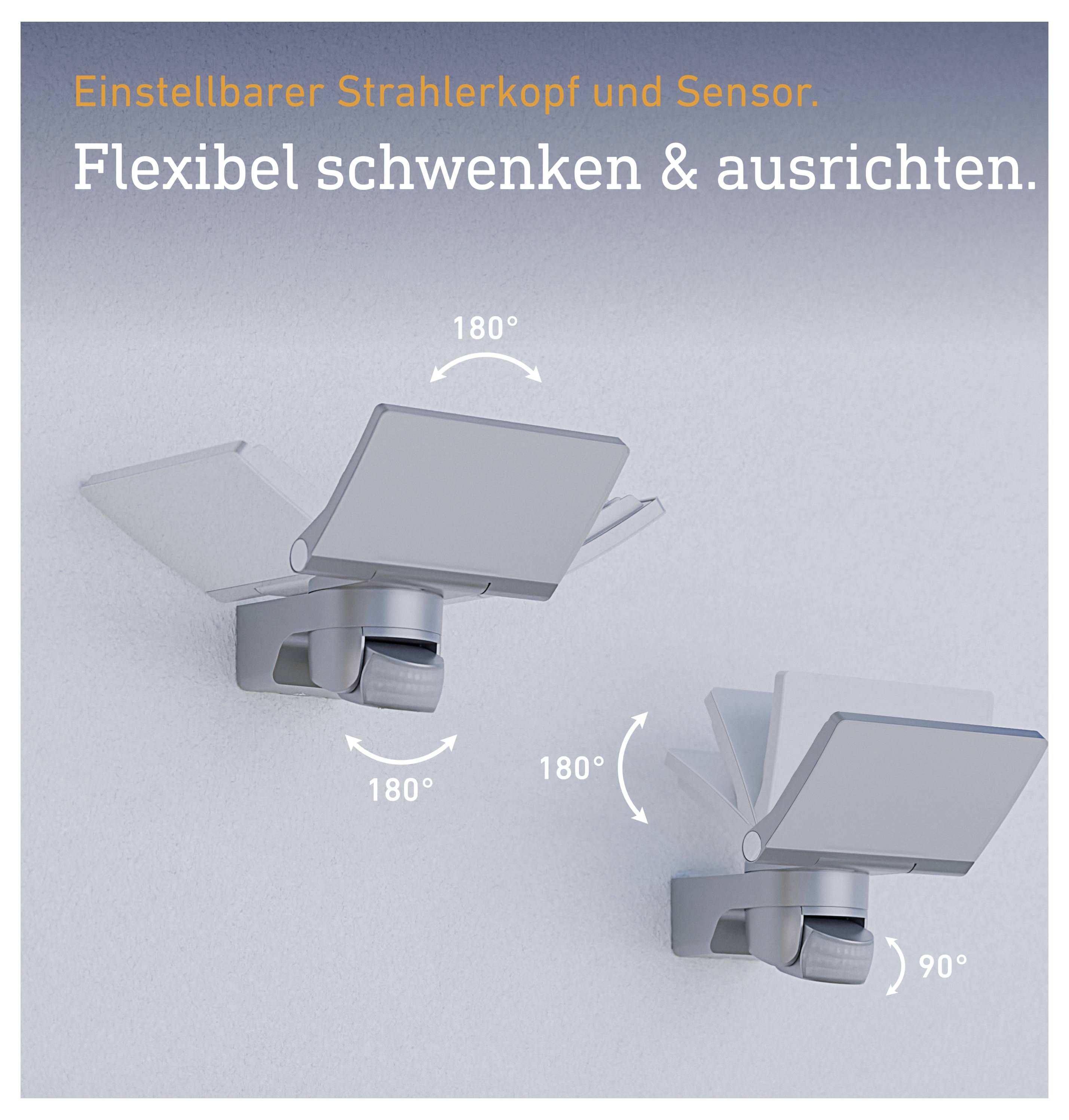 Verstellbarer Strahler mit Sensor, der sich flexibel schwenken und ausrichten lässt; zeigt 180° Drehung sowie 90° Neigung.