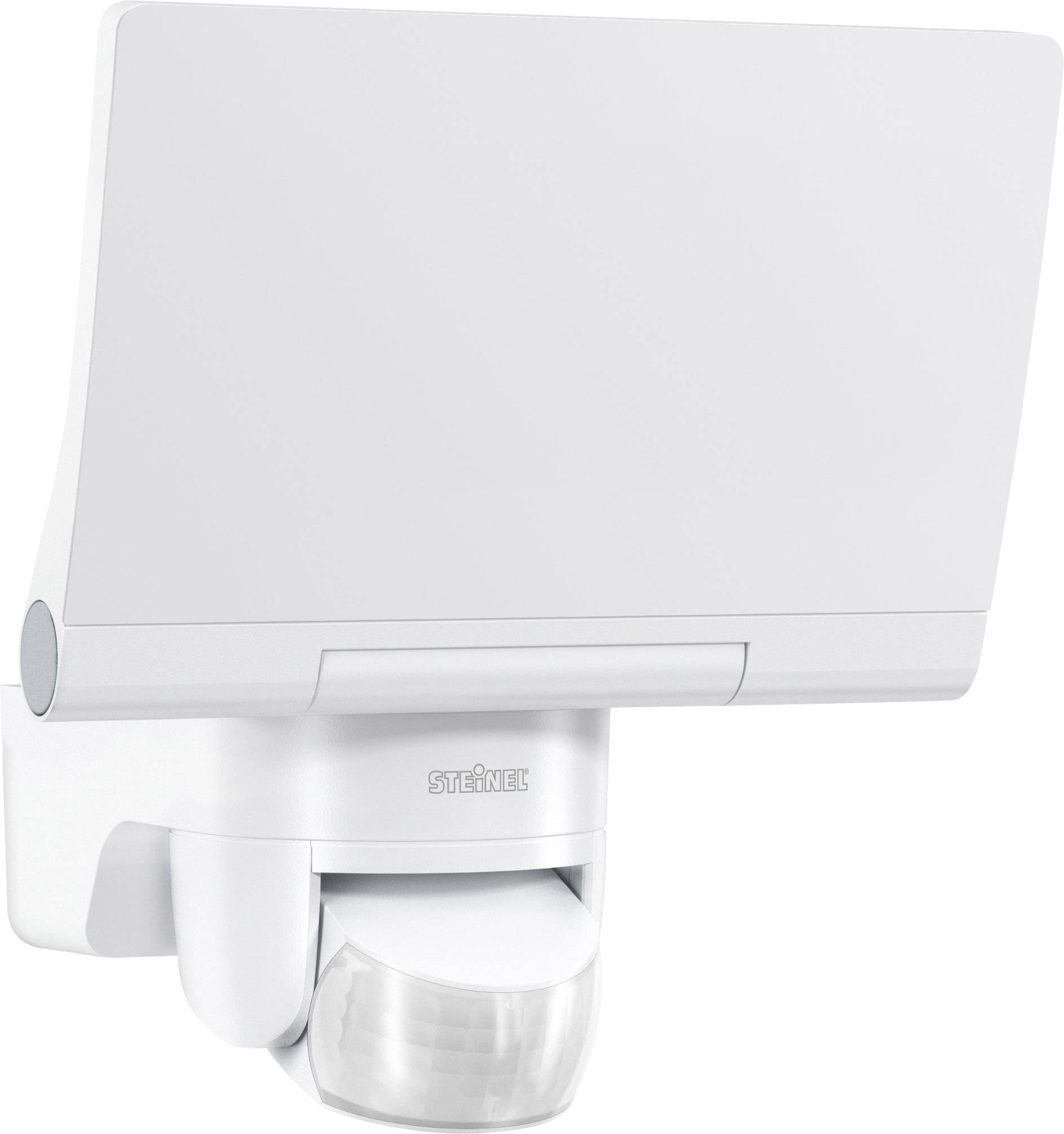 Weiße LED-Außenleuchte mit Bewegungsmelder von Steinel, modern und funktional, zur Beleuchtung von Eingängen oder Höfen.