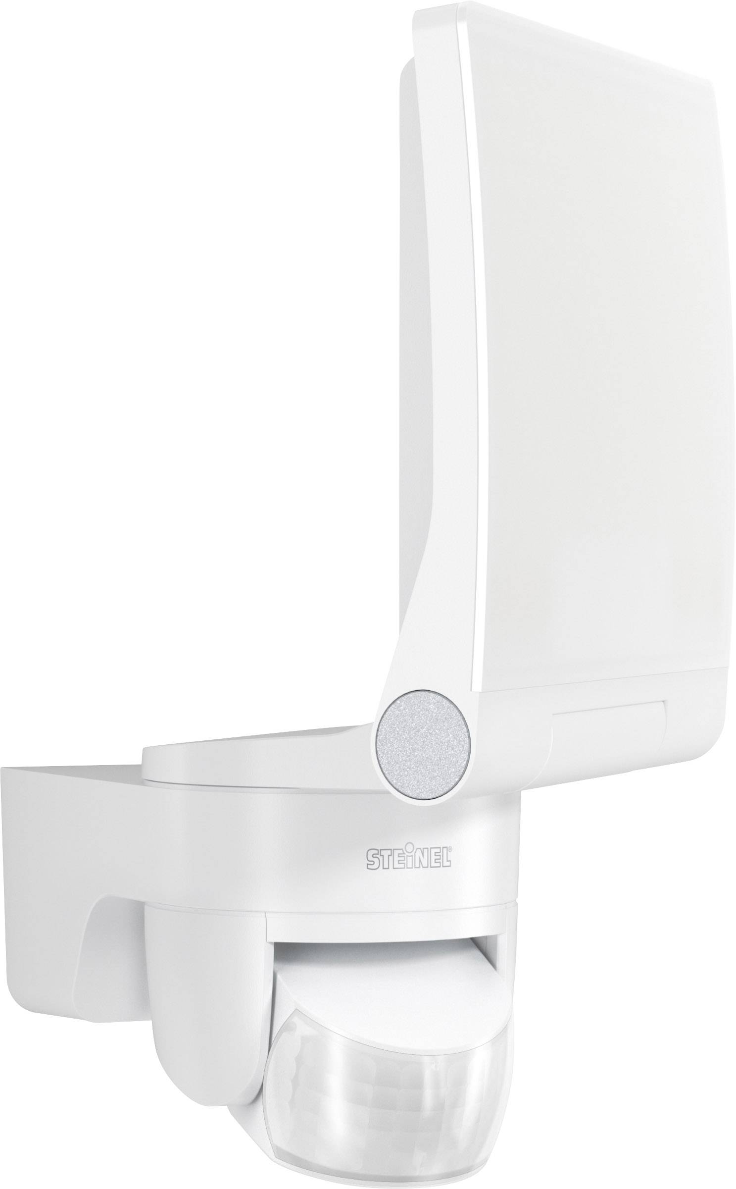 Weiße, moderne Außenleuchte mit Bewegungssensor zur Wandmontage. Ideal zur automatischen Beleuchtung bei Bewegungserkennung.