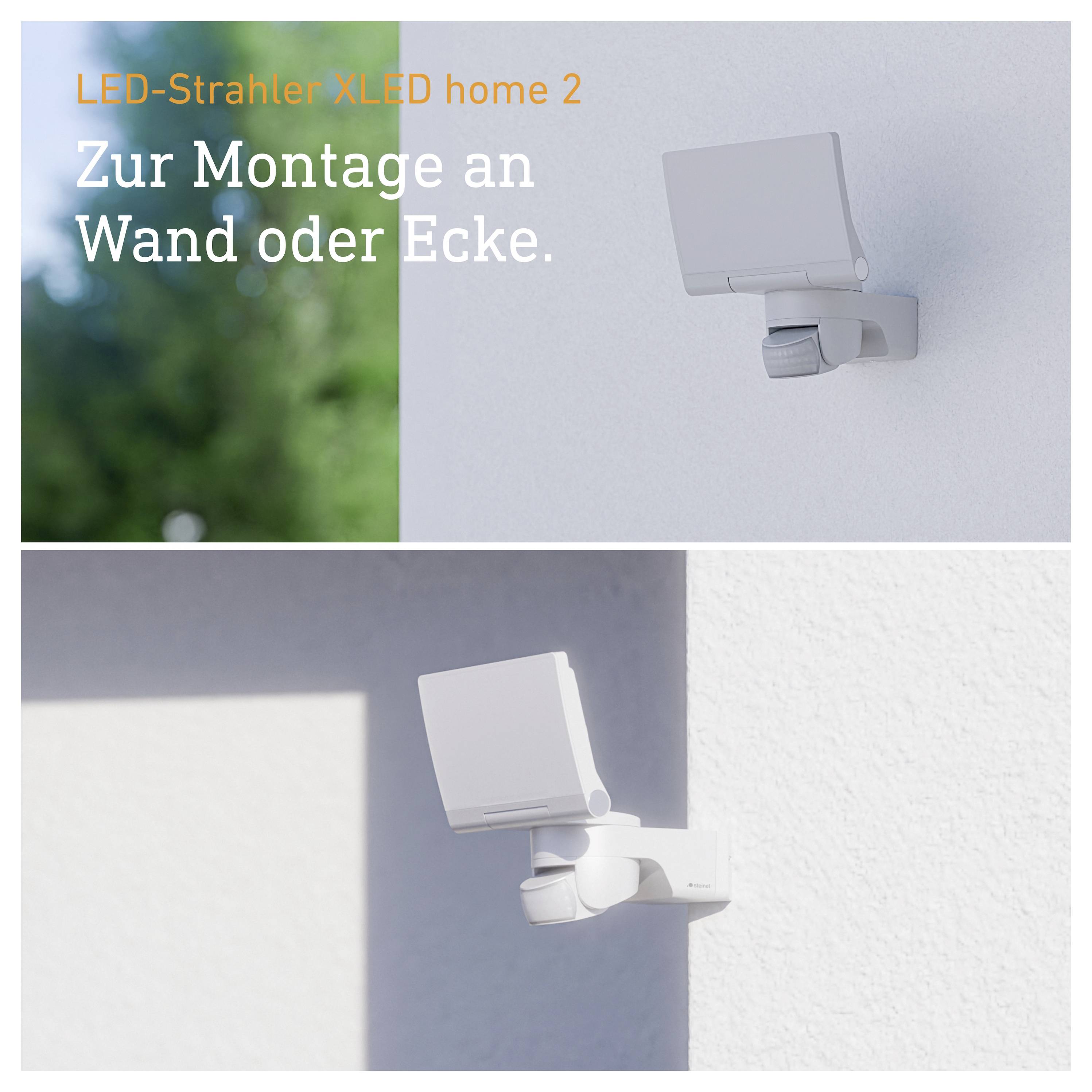 LED-Strahler XLED home 2 für Wand- oder Eckmontage; weißer Außenstrahler beleuchtet eine Wand im Tageslicht.