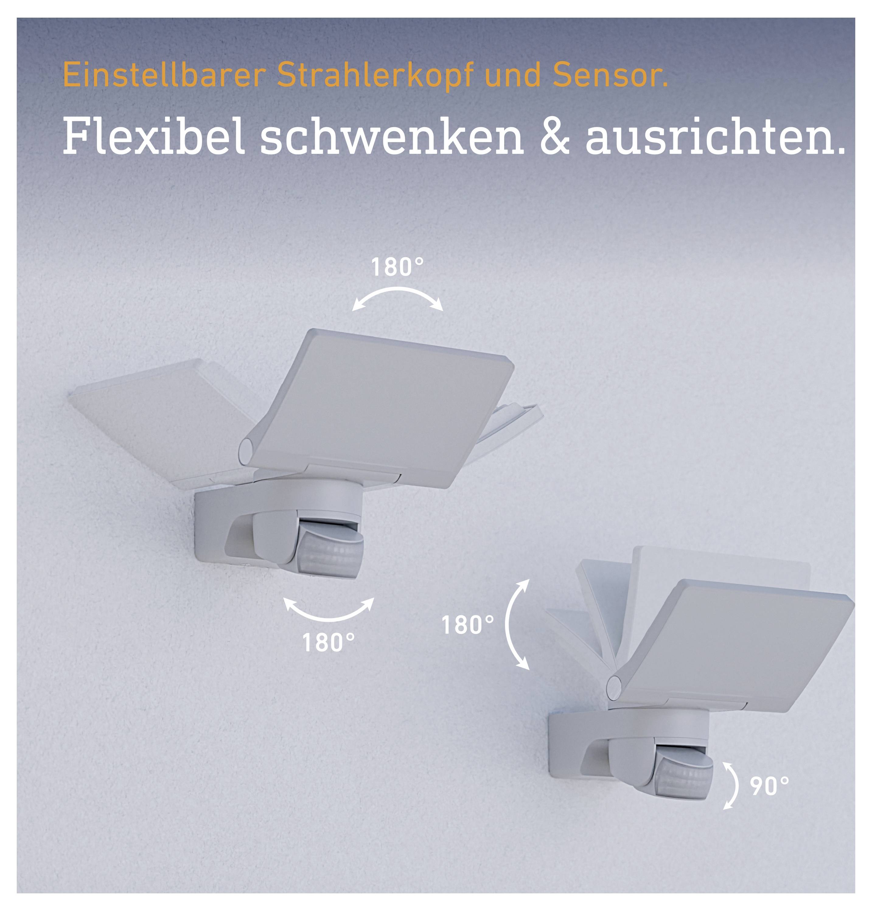 Verstellbarer Außenstrahler mit Sensor, der sich flexibel um 180° schwenken und um 90° ausrichten lässt.