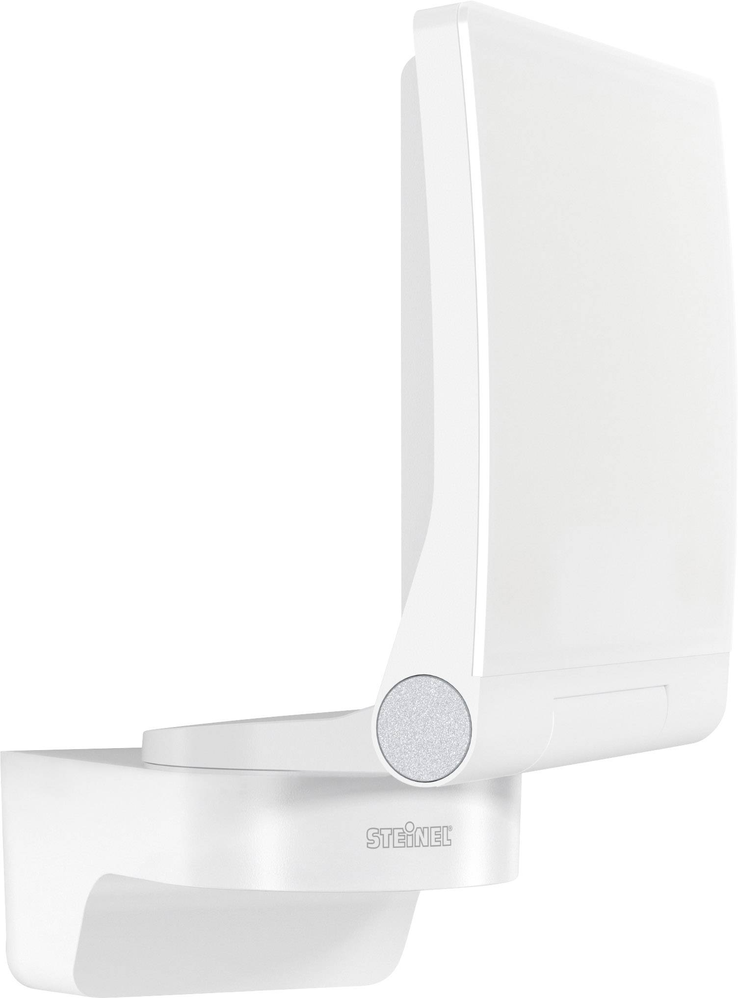 Weiße Außenleuchte mit Bewegungsmelder von Steinel, modern und rechteckig, zur Wandmontage geeignet.