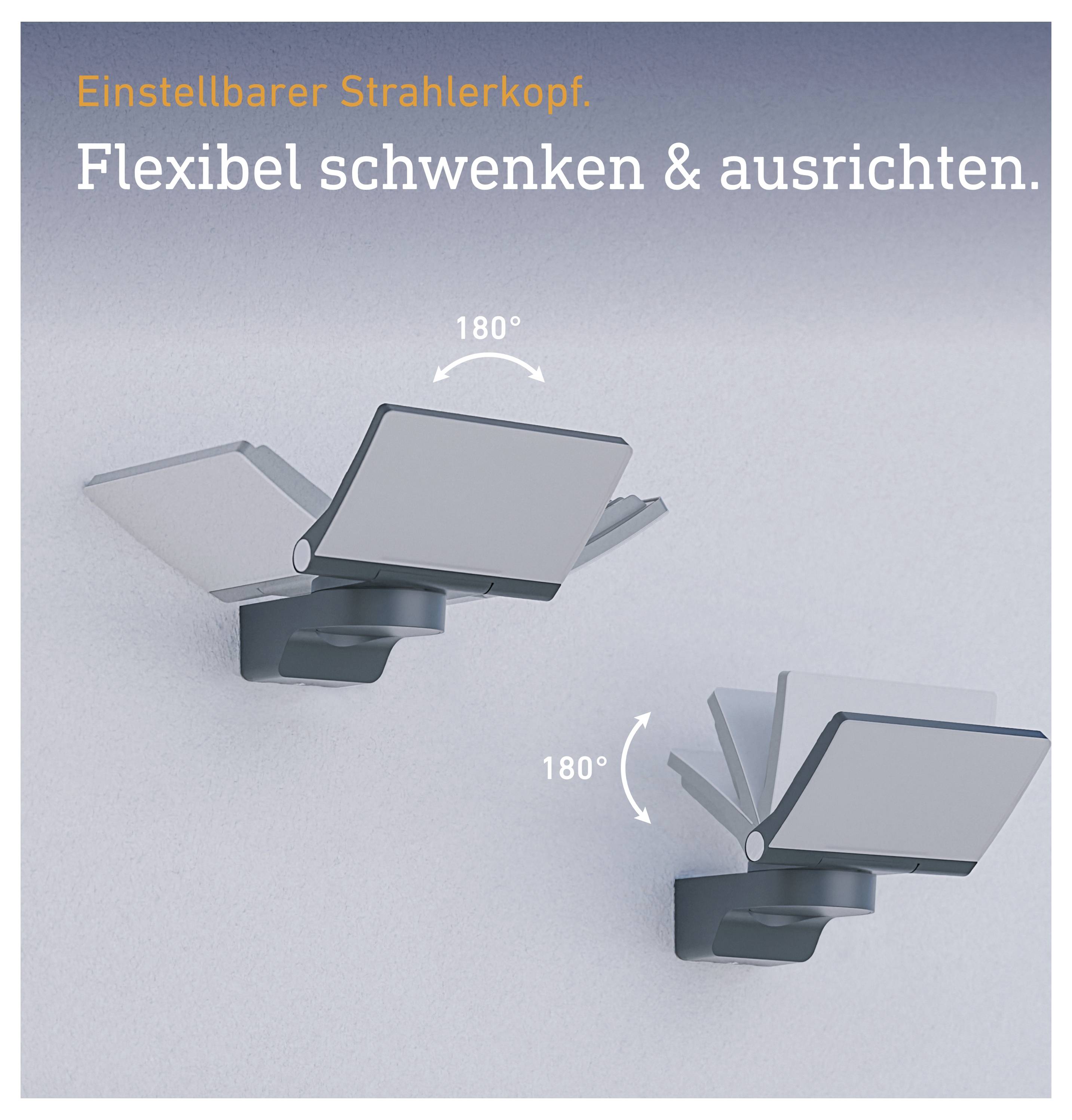 Produktgrafik eines einstellbaren Strahlerkopfs mit Text 'Flexibel schwenken & ausrichten.'; zeigt 180°-Schwenkbarkeit in zwei Positionen.