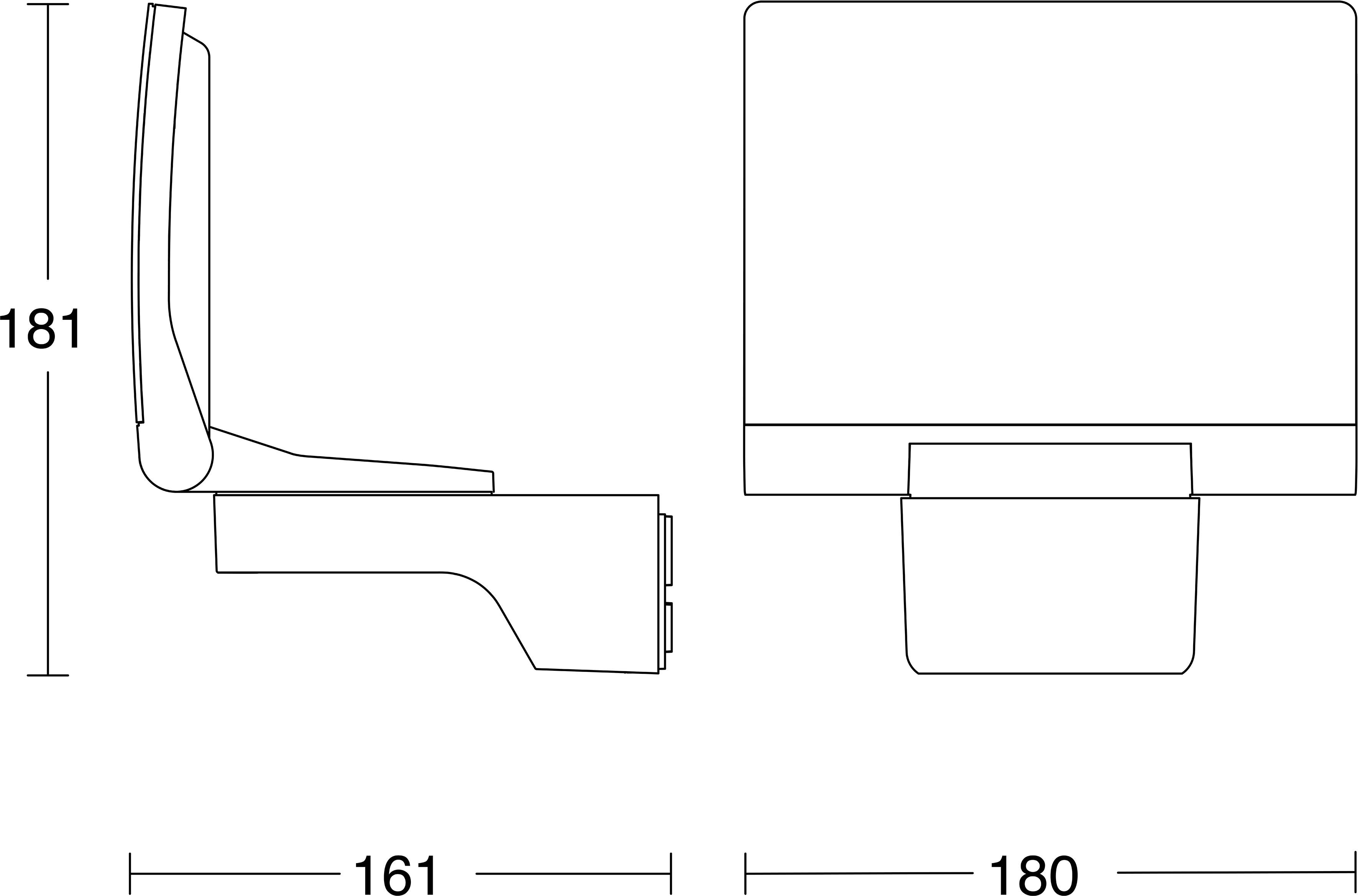 Technische Strichzeichnung einer wandmontierten Halterung, dargestellt in Seiten- und Vorderansicht, mit Abmessungen von 181 mm Höhe, 161 mm Tiefe und 180 mm Breite.