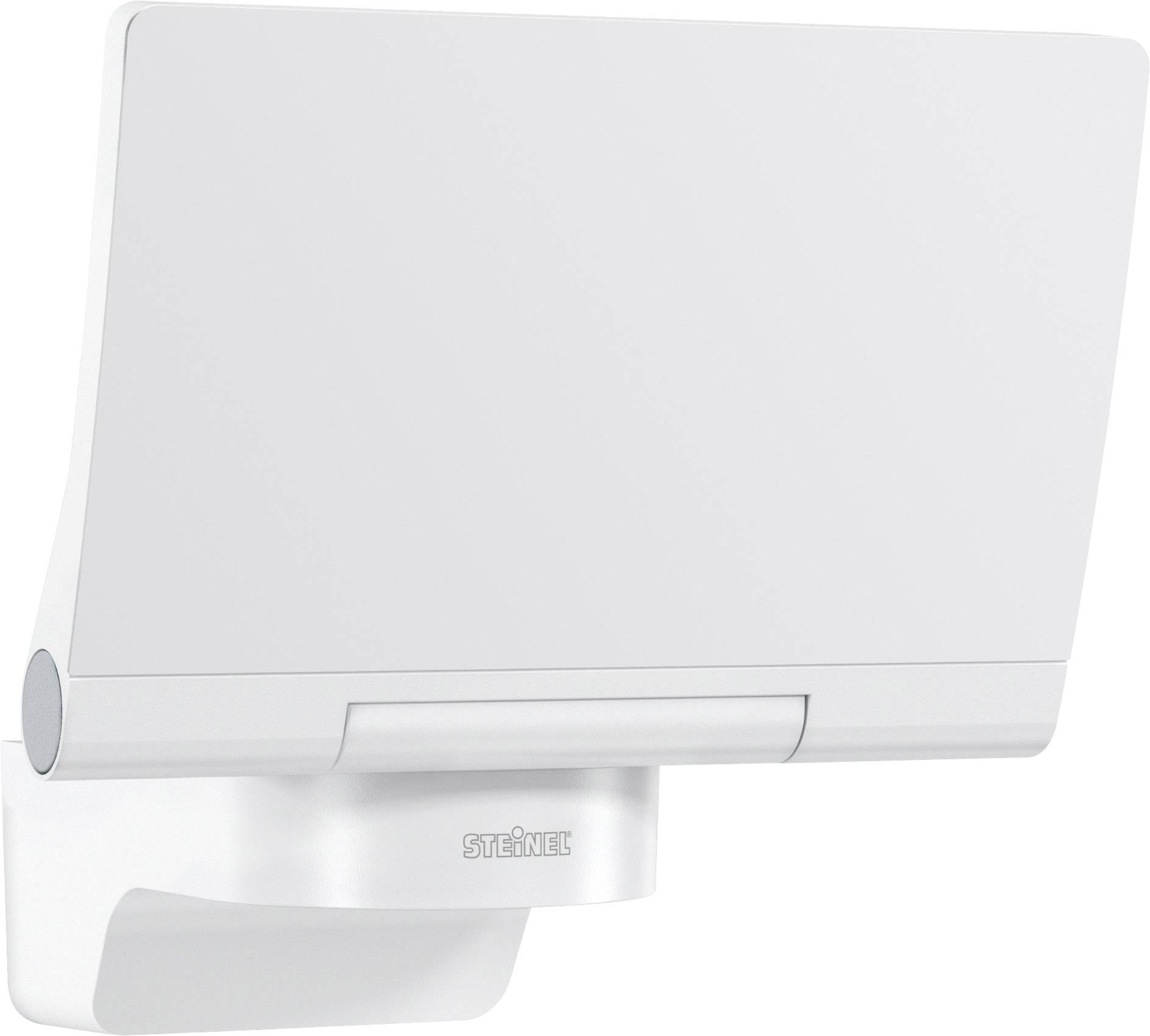 Weiße LED-Außenleuchte mit flachem Design, montiert an einer Wand, geeignet für energiesparende Außenbeleuchtung.