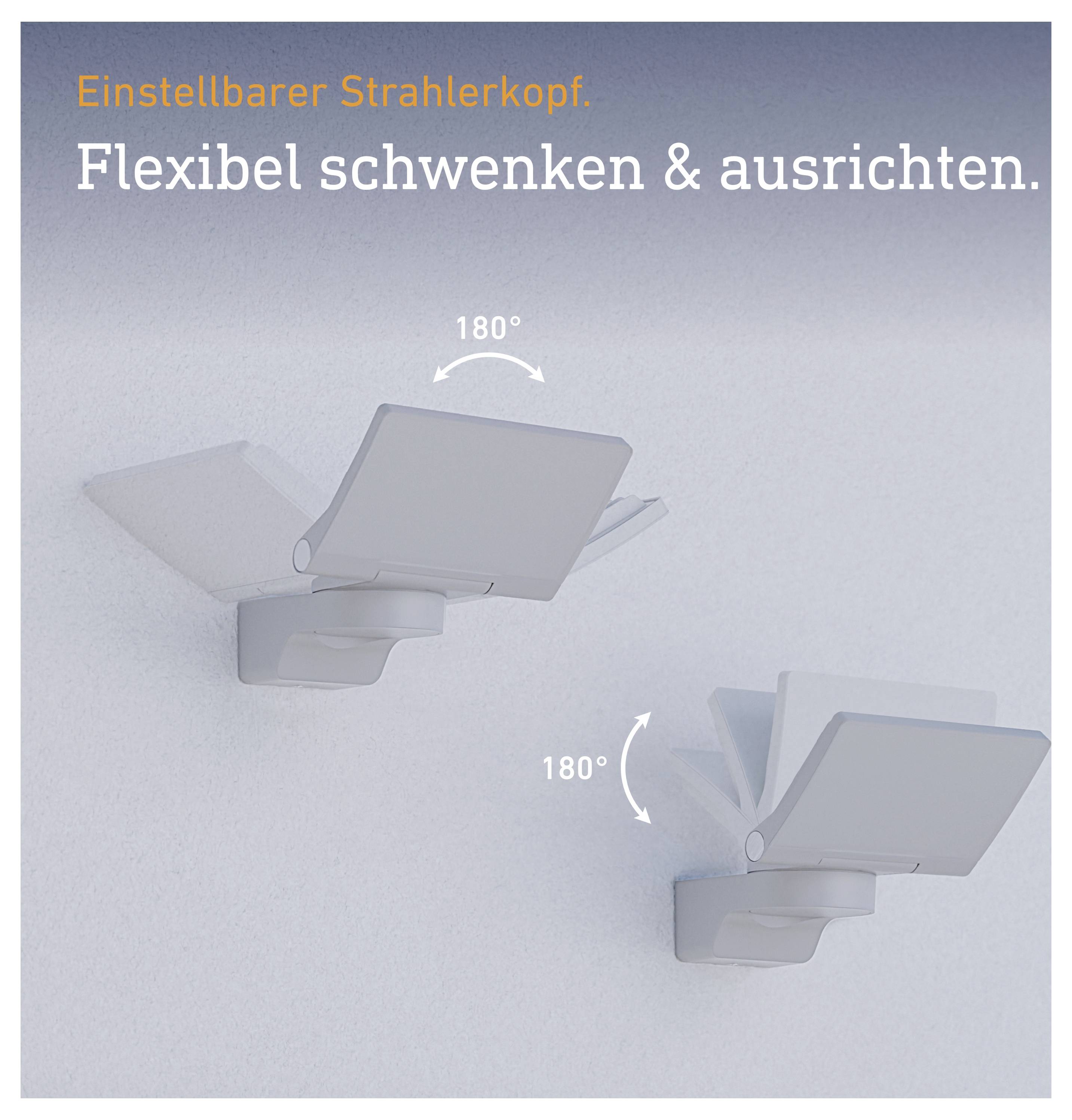 Werbebild eines verstellbaren Strahlerkopfs: 'Flexibel schwenken & ausrichten.' zeigt zwei 180°-Positionen des Lichtspots.