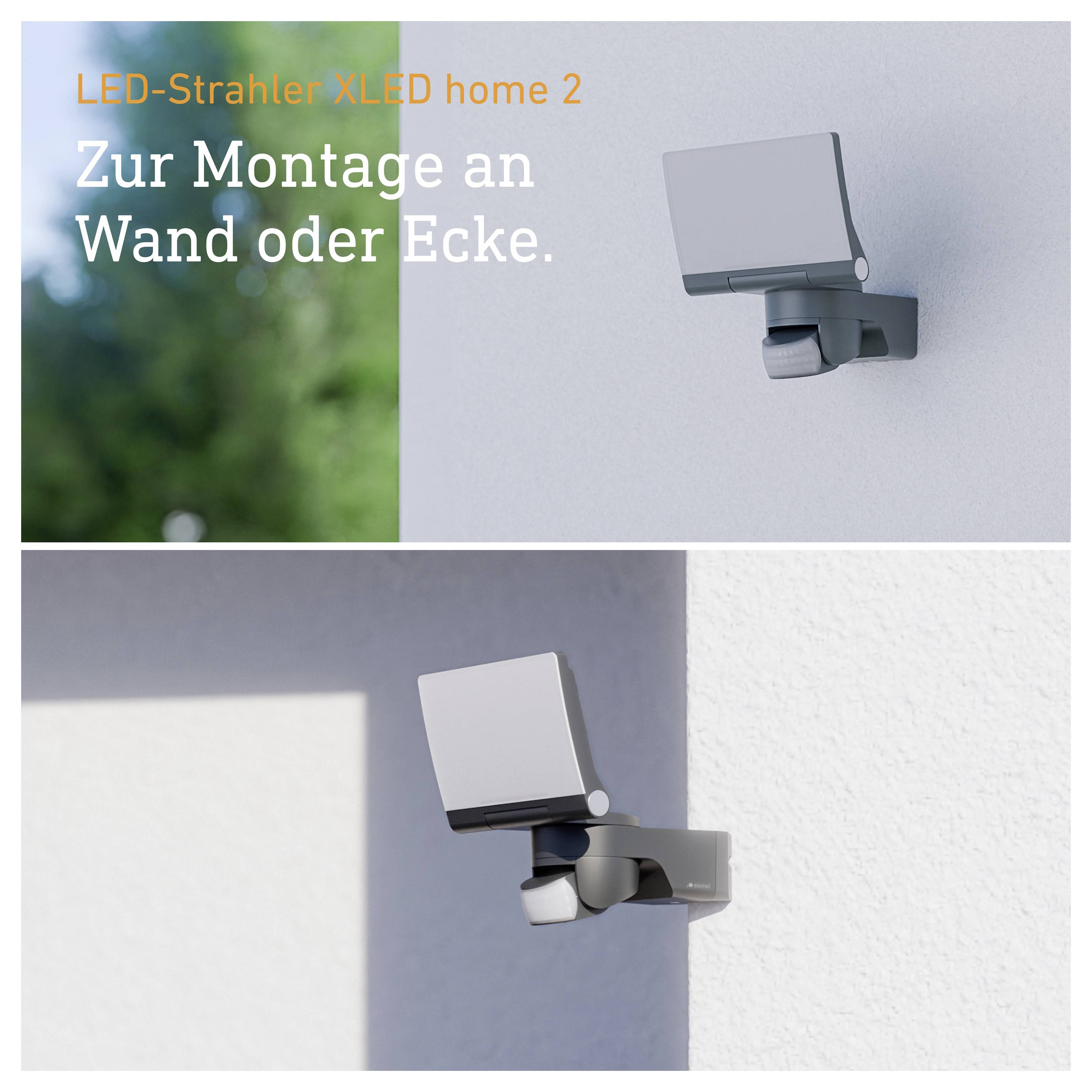 Produktbild des LED-Strahlers 'XLED home 2' an Wand oder Ecke montiert; oben und unten ist die Leuchte an der Hauswand zu sehen.