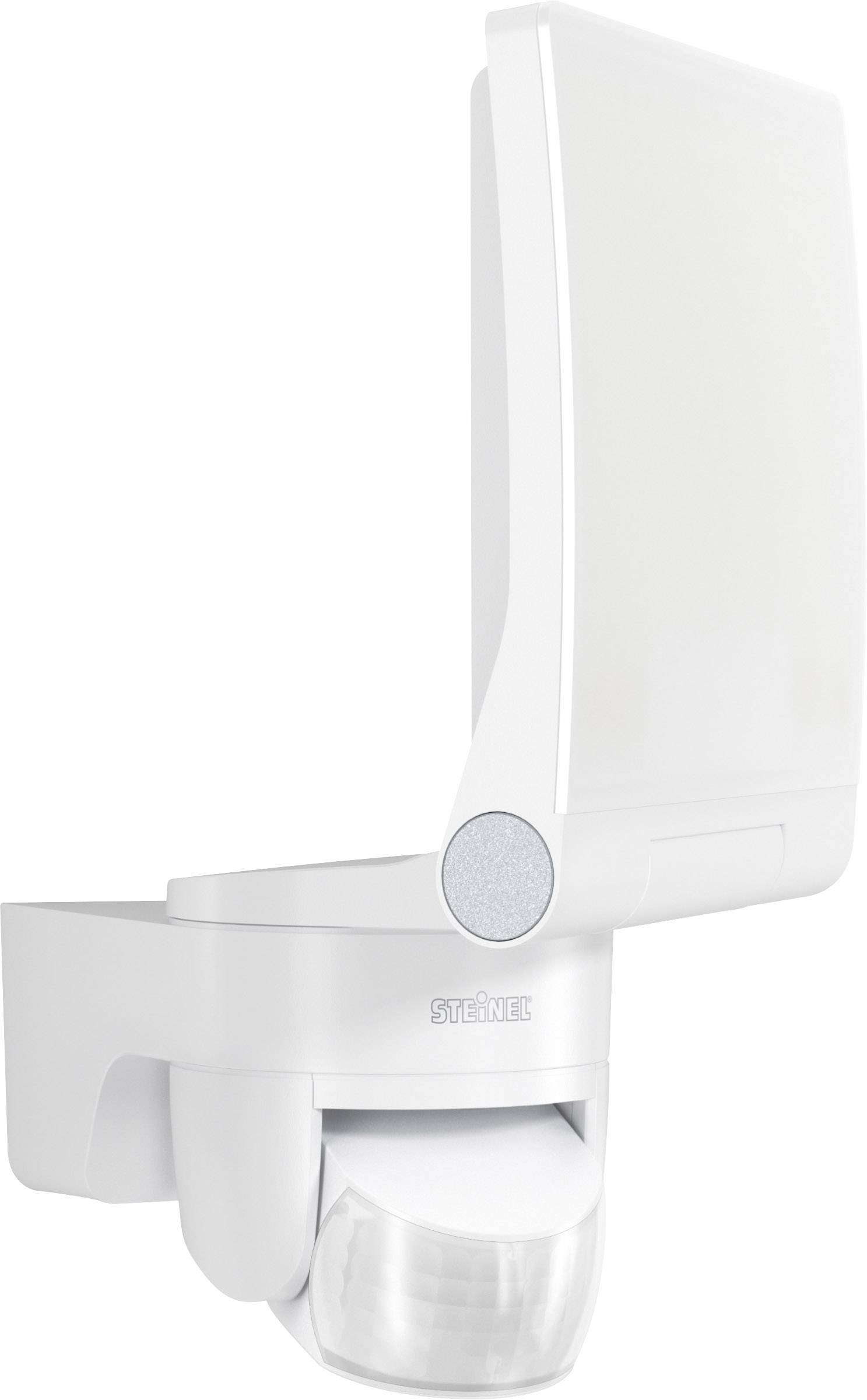 Eine weiße LED-Außenleuchte mit Sensor, geeignet zur Wandmontage. Ideal für die sichere Beleuchtung von Eingängen oder Auffahrten.