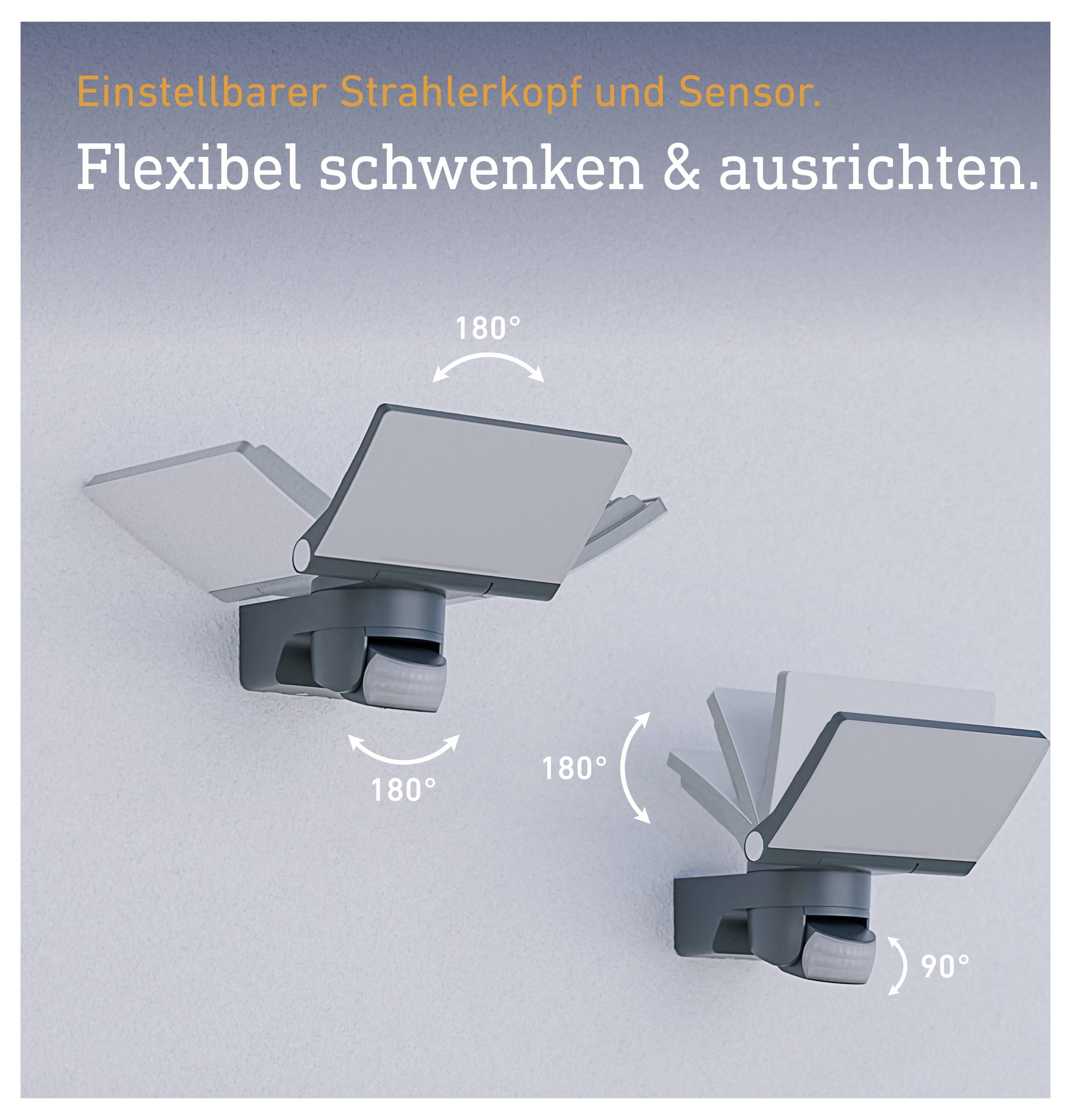 Illustration eines verstellbaren Strahlerkopfs mit Sensor, der sich flexibel um 180° schwenken und um 90° ausrichten lässt.