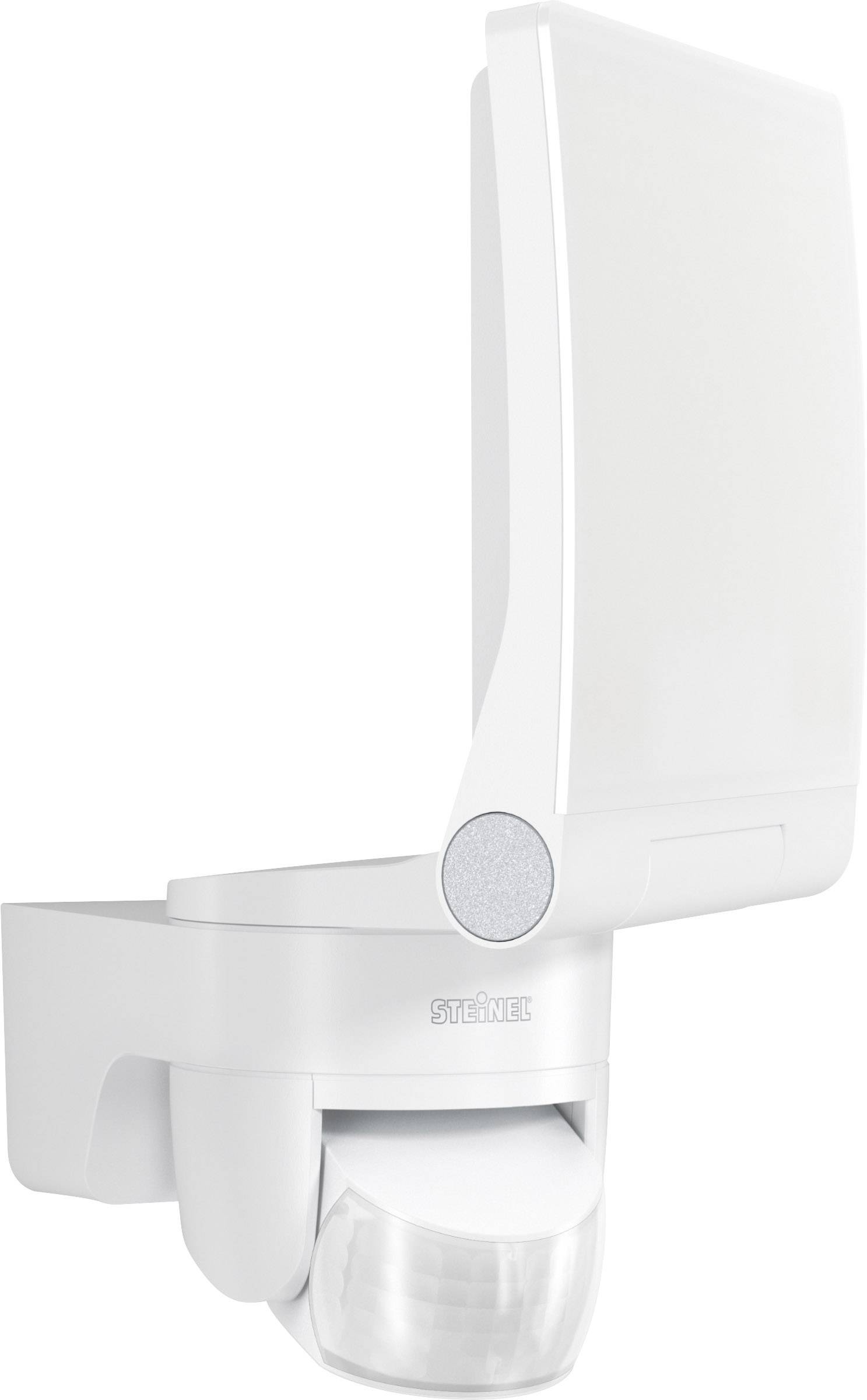 Weiße Außenleuchte mit Bewegungsmelder, montiert an einer Wandhalterung.