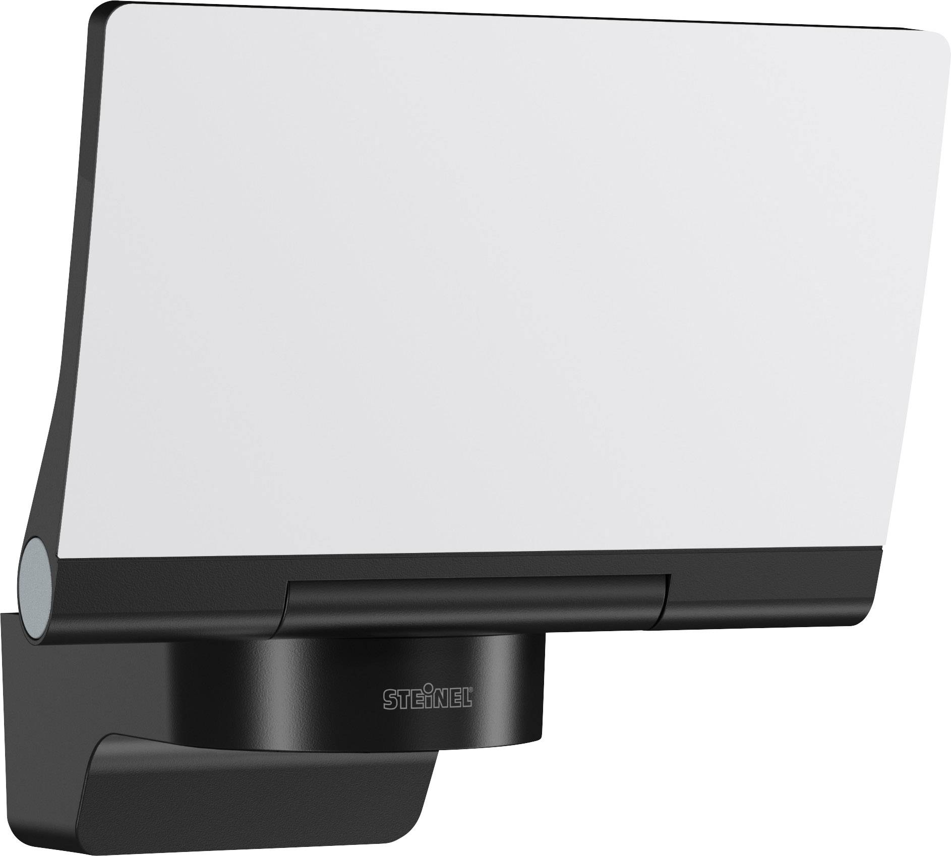 Außenlampe mit rechteckigem, flachem, weißem Leuchtkopf und schwarzem Gehäuse. Marke 'Steinel' auf der Halterung.