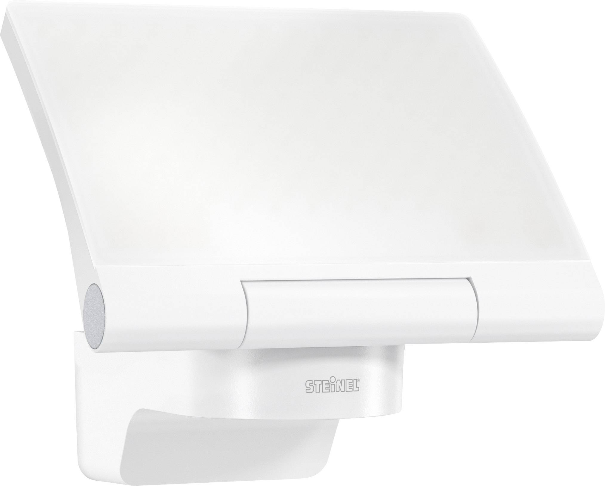 Weiße Außenleuchte mit Bewegungsmelder, rechteckig und modern, befestigt an einer Wandhalterung.