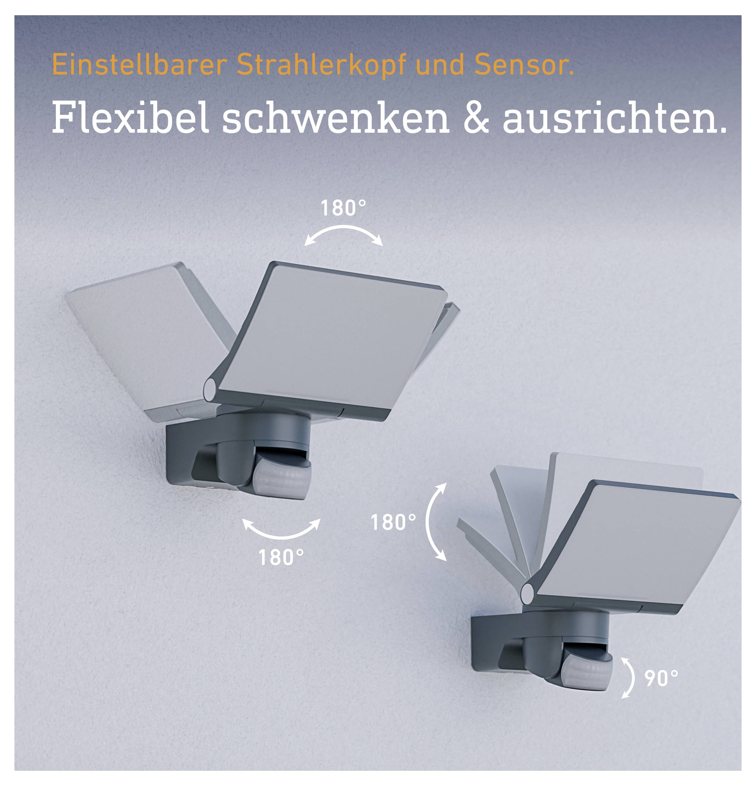 Bewegungsmelder mit schwenkbarem Strahlerkopf; Text: 'Einstellbarer Strahlerkopf und Sensor. Flexibel schwenken & ausrichten.'; Pfeile zeigen 180°- und 90°-Verstellung.