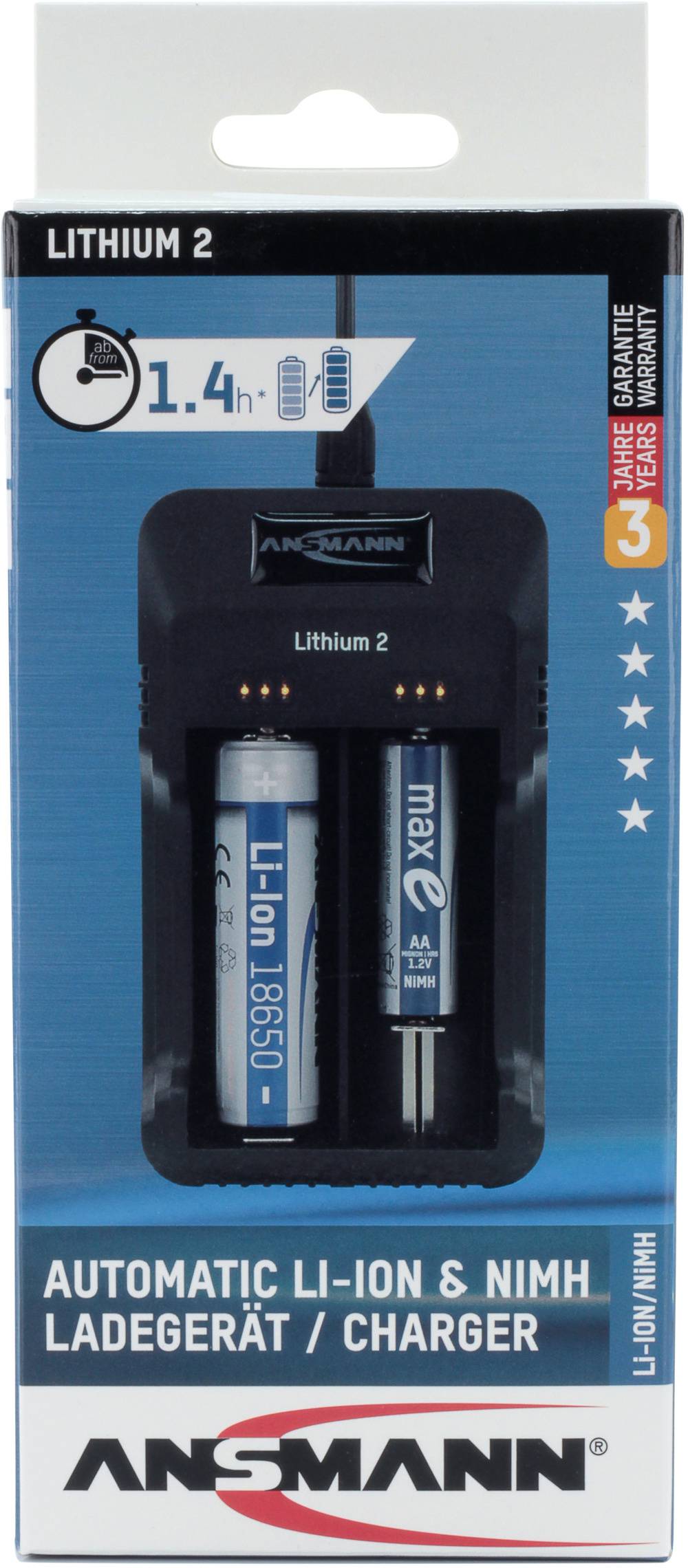 Ansmann Lithium 2 1001-0050 Rundzellen-Ladegerät LiIon, NiMH Micro (AAA), Mignon (AA)