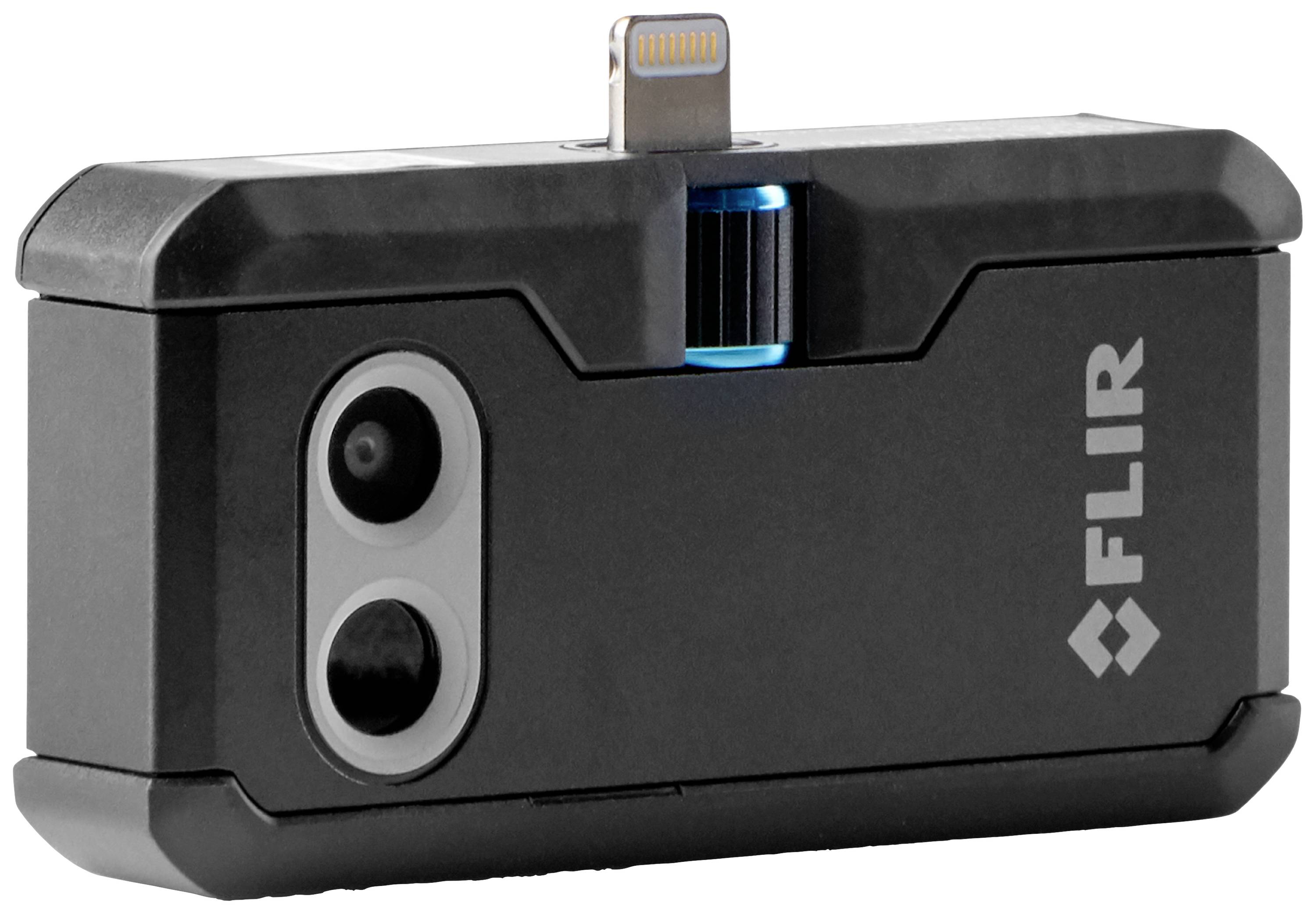 Kompakte Wärmebildkamera mit zwei Objektiven und einem Anschluss für mobile Geräte, Markenname 'FLIR' auf der Seite.