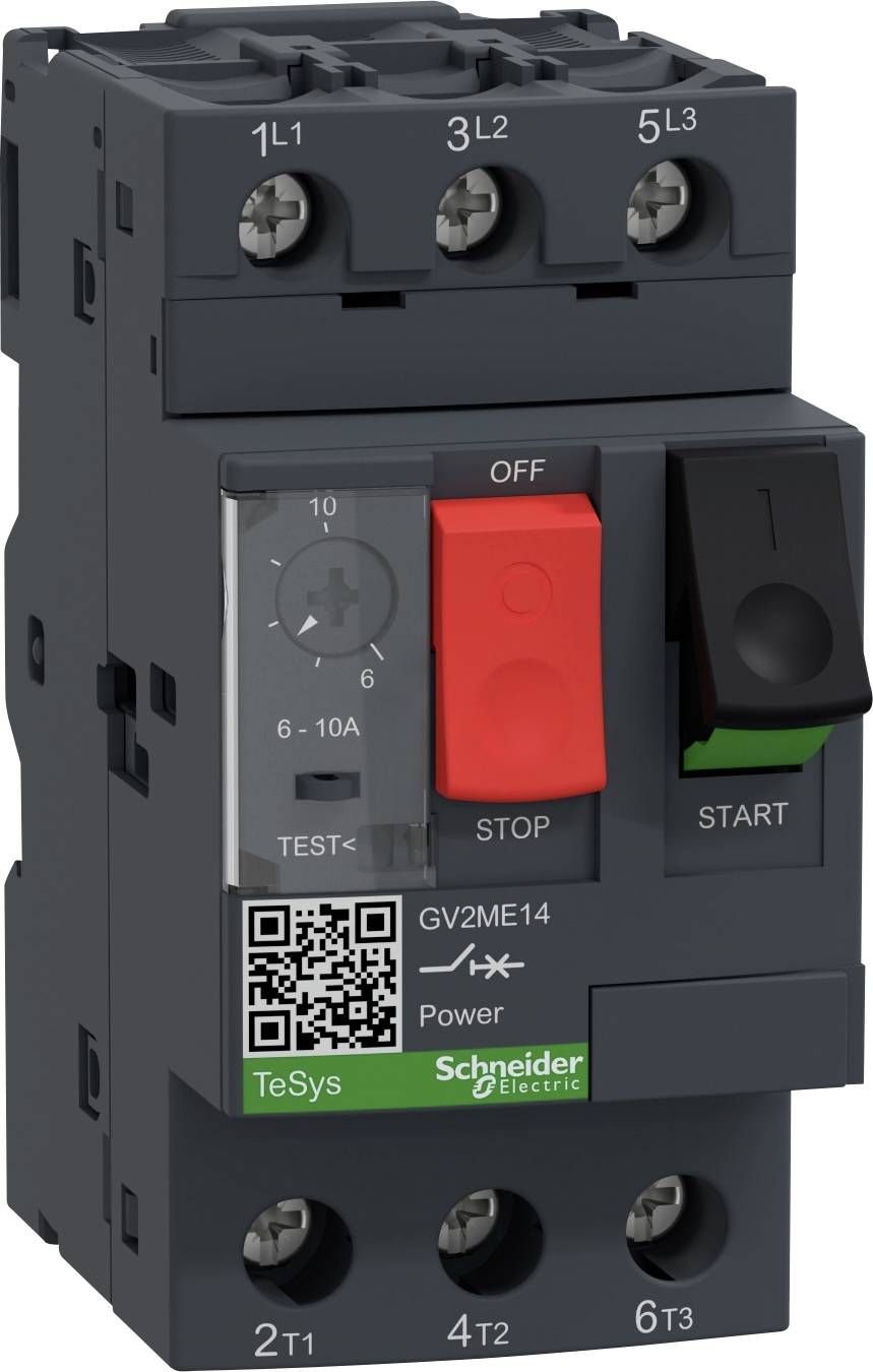 Ein schwarzer Schneider Electric Leistungsschalter verfügt über eine rote ‚STOPP'-Taste, eine grüne ‚START'-Taste, einen Drehwahlschalter für ‚TEST' und Anschlusspunkte.