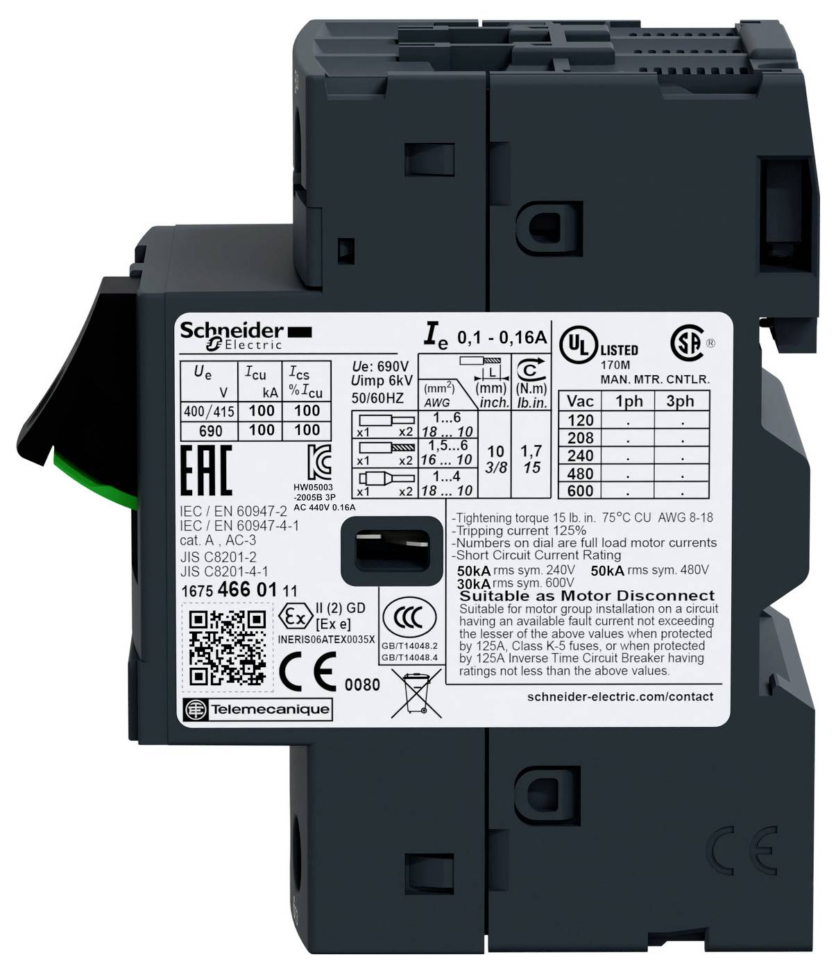 'Schneider Electric' markiertes elektrisches Gerät mit Etiketten für Spezifikationen, Sicherheitszertifizierungen und Modellinformationen.