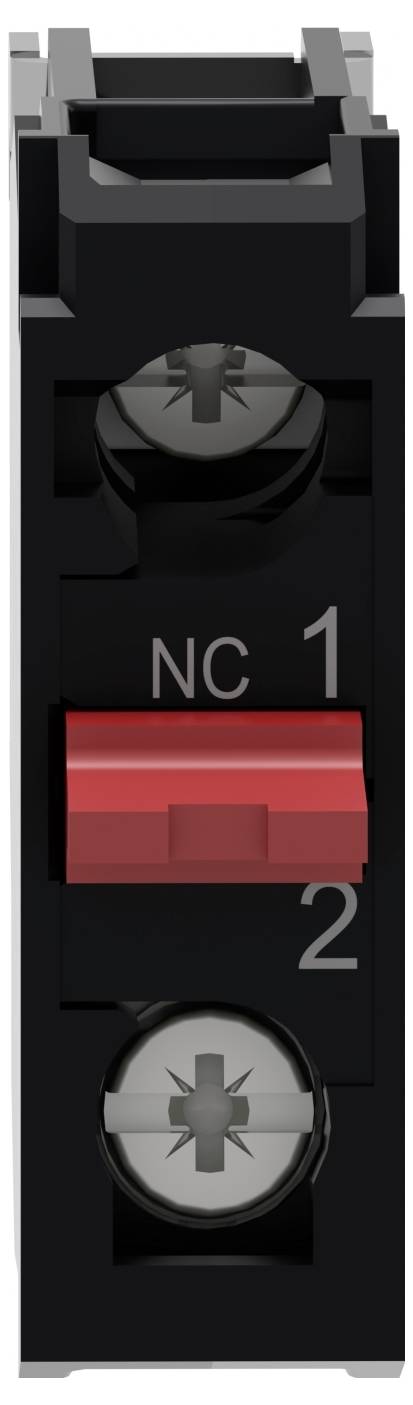 Nahaufnahme eines schwarzen elektrischen Schalters/Unterbrechers mit einem roten Hebel und den Beschriftungen NC 1 und 2.
