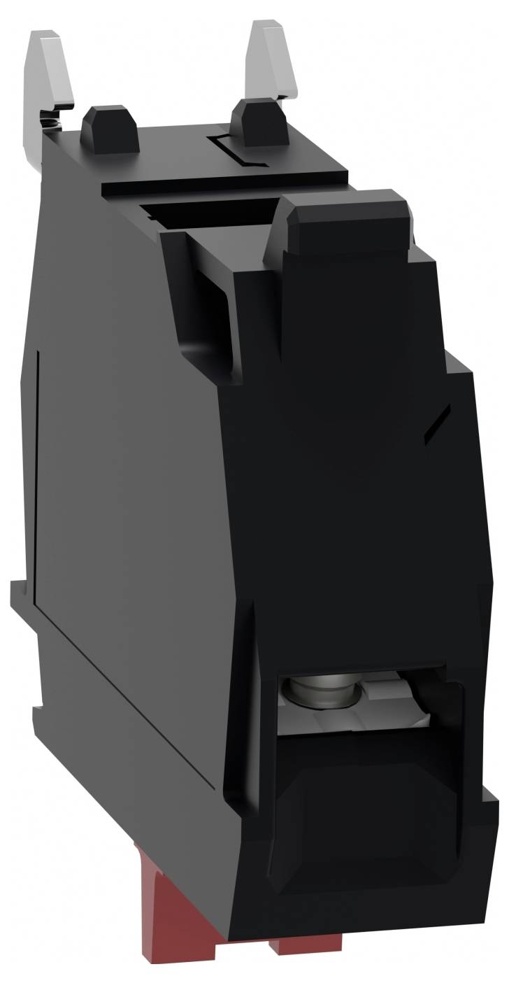 Schwarzer elektrischer Stecker/Klemmleistenblock mit grauer oberer Verriegelung und roter Basis, in einer detaillierten Produktansicht dargestellt.