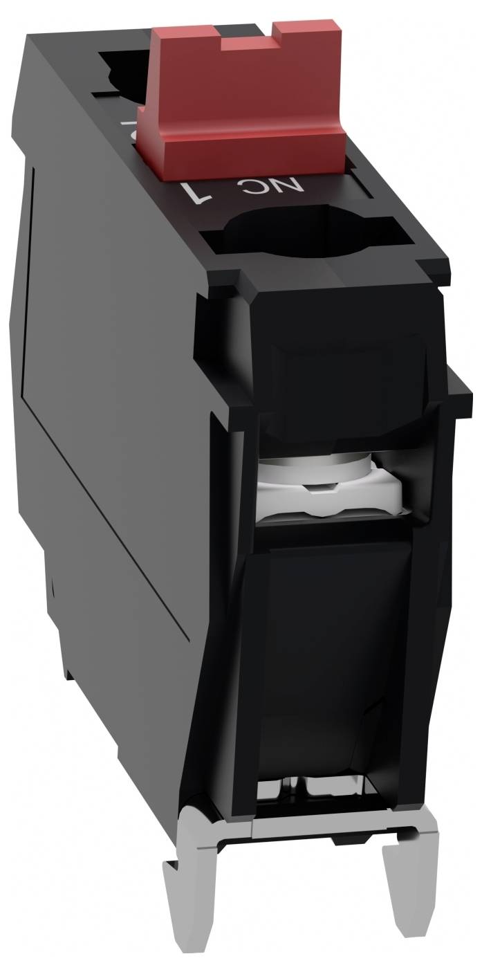 Schwarzes Elektroschaltermodul mit rotem Wippschalter, in Nahaufnahme von vorne-links dargestellt.