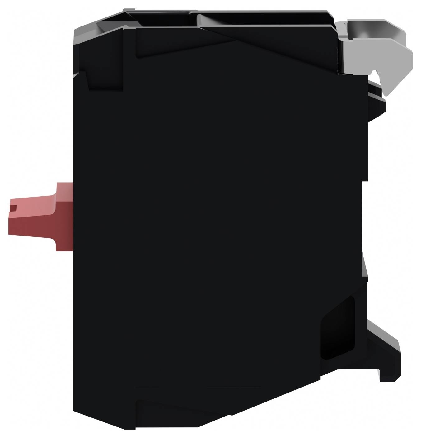 Schwarze rechteckige elektrische Komponente mit roten und grauen Steckverbindern, die von den Seiten herausragen, isoliert auf weißem Hintergrund gezeigt.