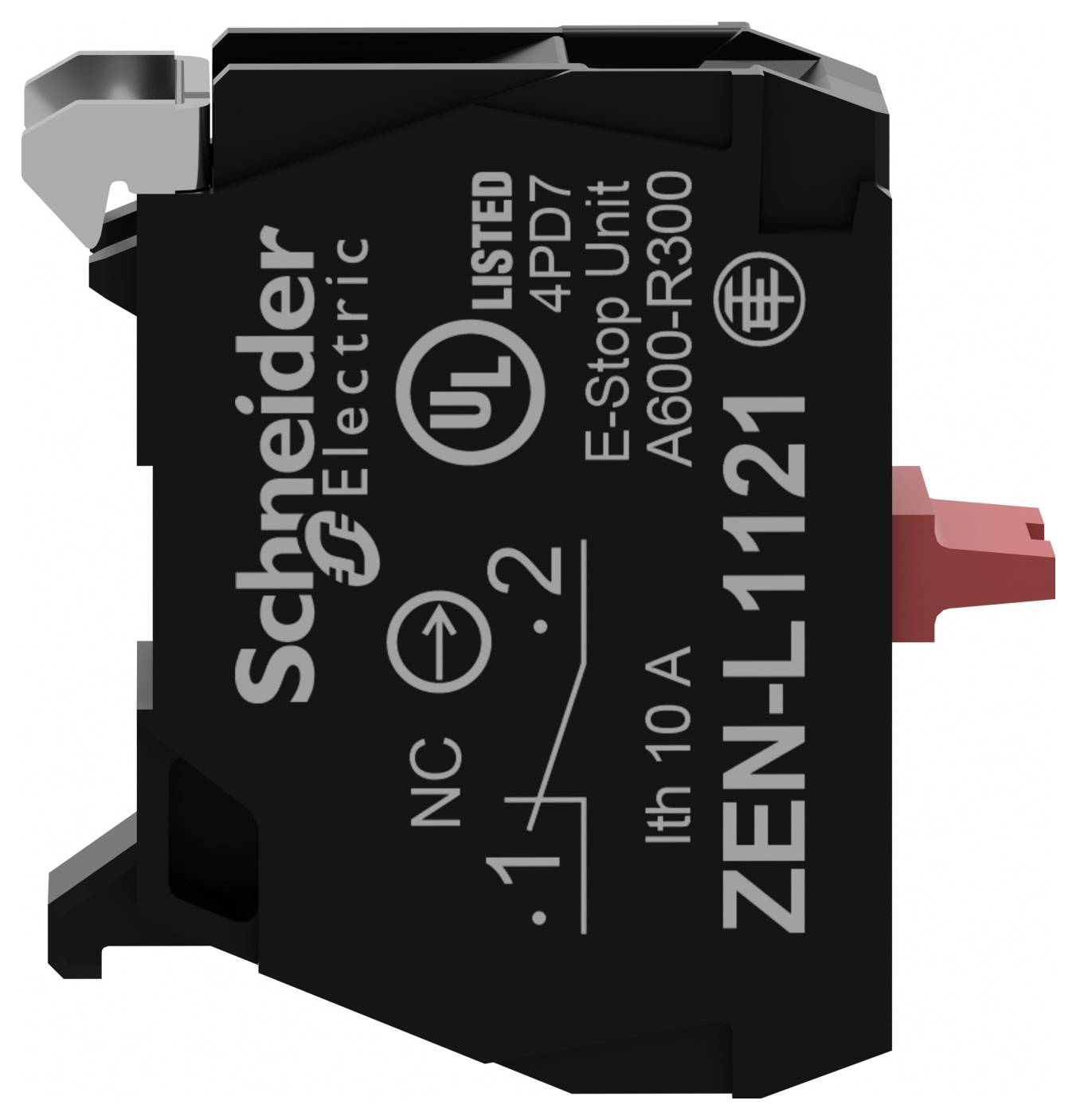 Schneider Electric ZEN-L-1121 Relaismodul mit gedruckten Verdrahtungssymbolen, Modell- und Sicherheitskennzeichnungen auf einem schwarzen Gehäuse mit rotem Betätiger.