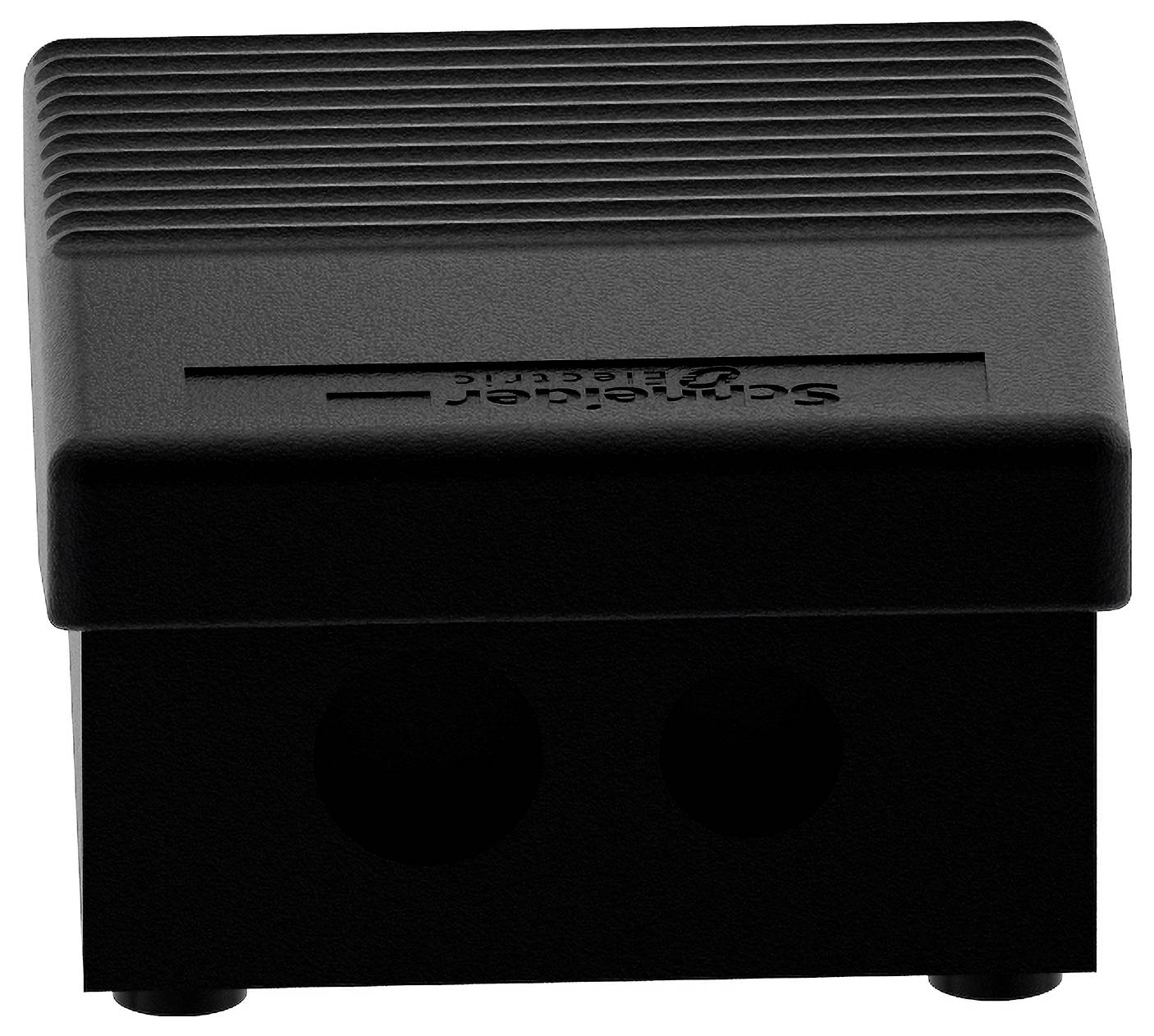 Schwarzes rechteckiges elektronisches Gerät mit gerippter Oberseite und drei vorderen Öffnungen, abgebildet auf weißem Hintergrund.