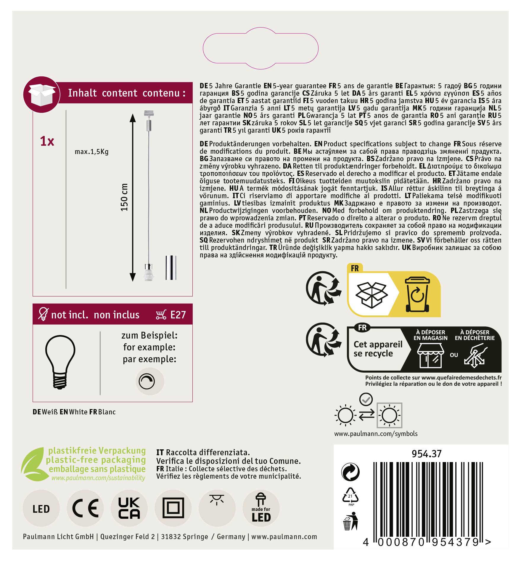 Paulmann Hochvolt-Schienensystem-Leuchte Universell E27 20W LED Weiß, Chrom