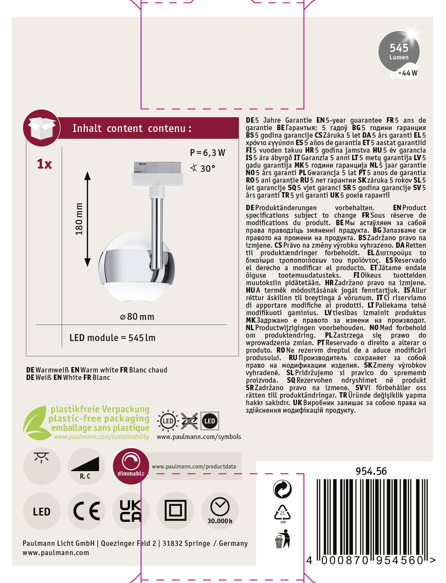 Paulmann Capsule II Hochvolt-Schienensystem-Leuchte URail LED fest eingebaut 6W LED Weiß, Chrom
