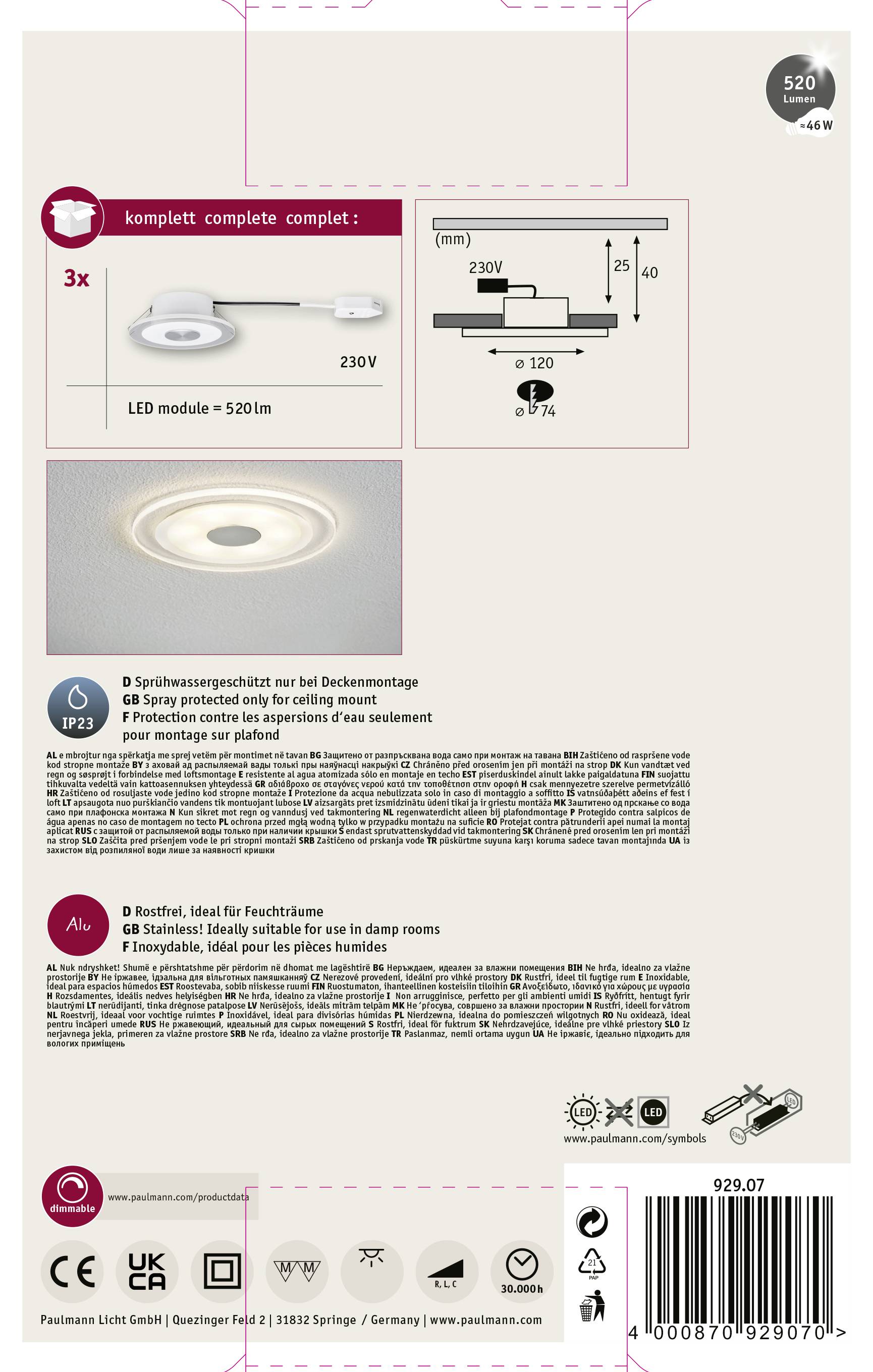 Paulmann 92907 Whirl LED-Einbauleuchte 3er Set LED LED fest eingebaut 4.9W Aluminium (gebürstet), Satin