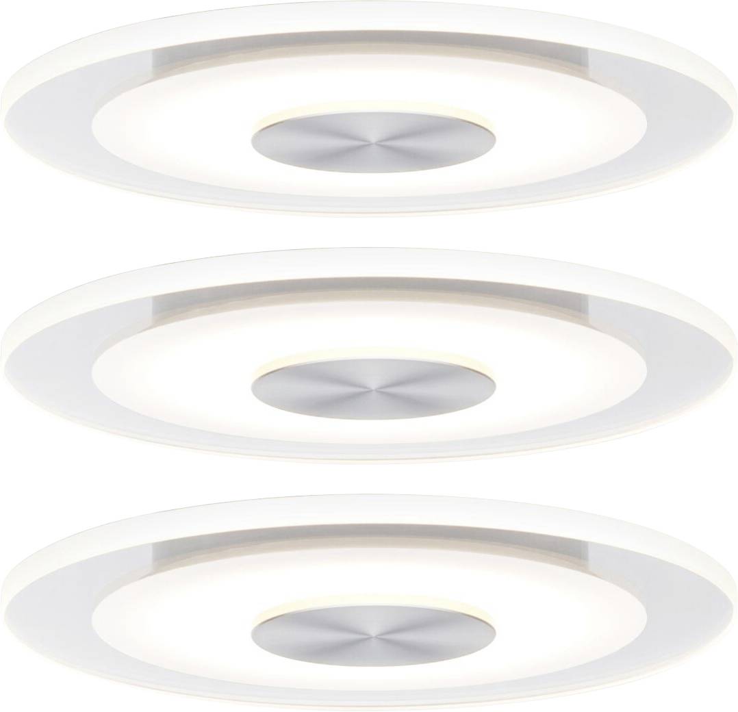 Drei runde LED-Deckenleuchten mit silbernem Mittelteil, geben gleichmäßiges, weiches Licht ab. Geeignet für moderne Innenräume.