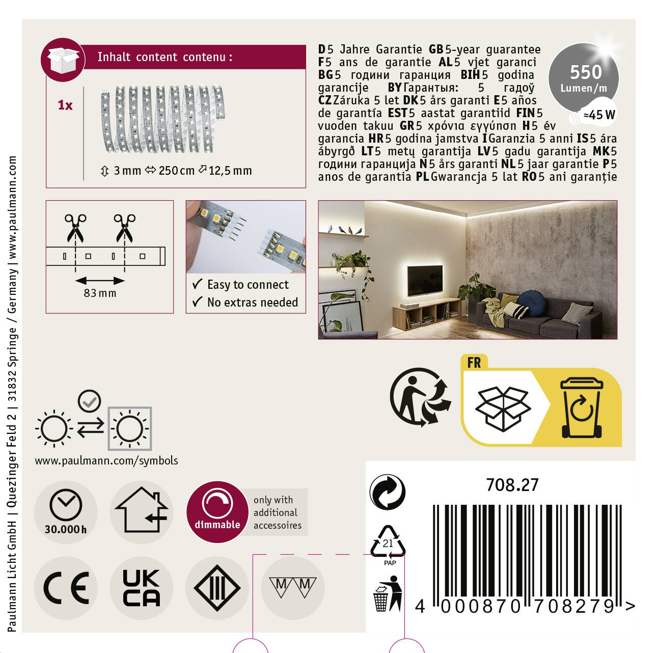 Paulmann MaxLED 500 70827 LED-Streifen-Erweiterung mit Stecker 24V 2.5m Warmweiß 1St.