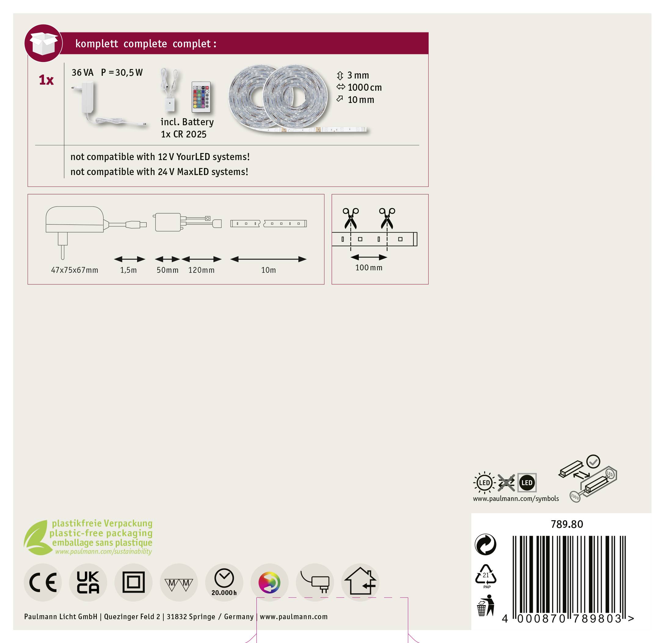 Verpackungsdesign für eine 36W LED-Lichtleiste. Kompatibilitäts- und Montagehinweise mit Technischen Zeichnungen. Batterie nicht enthalten.