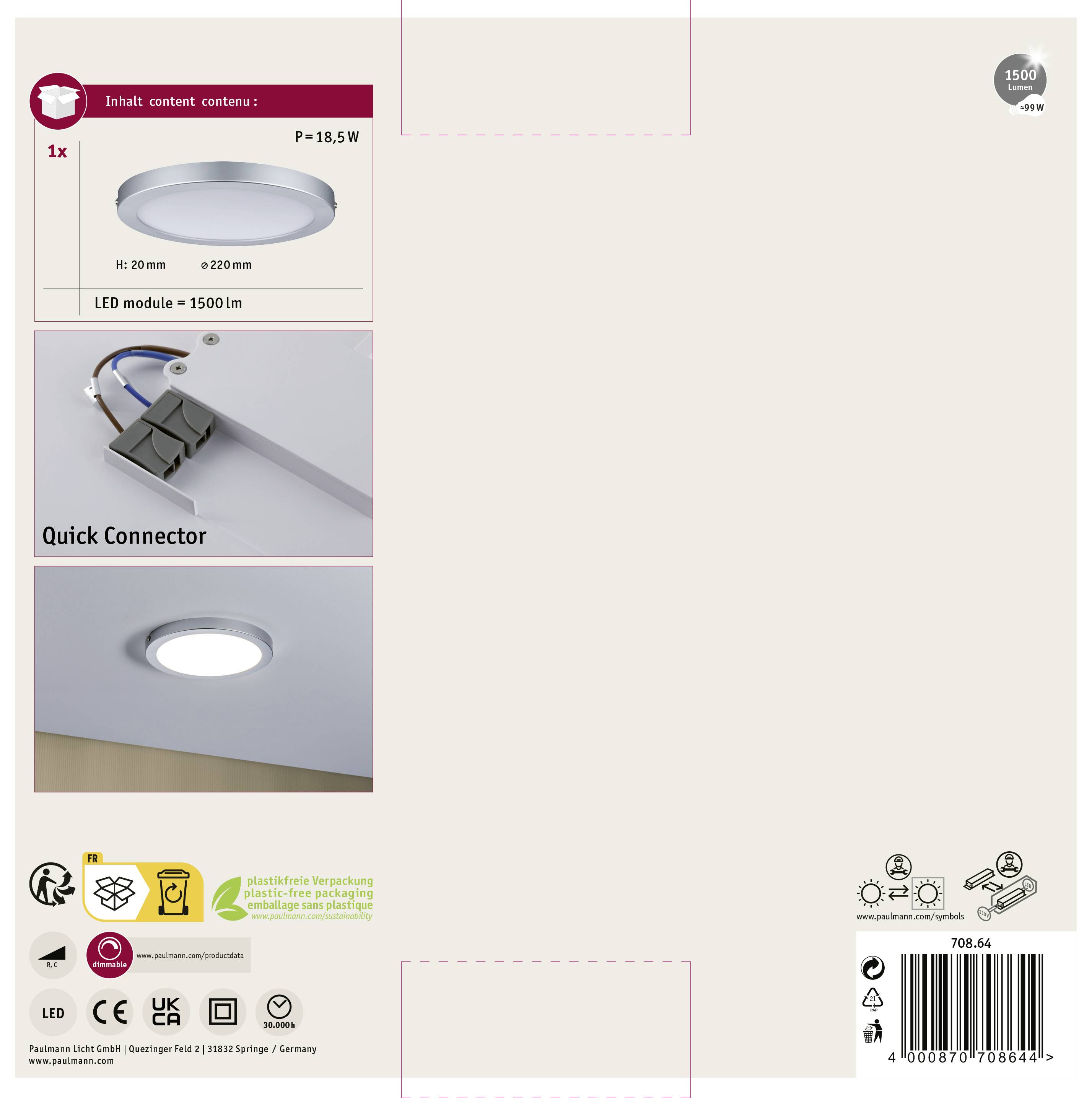 Paulmann Atria 70864 LED-Panel 18.5W Warmweiß Chrom (matt)