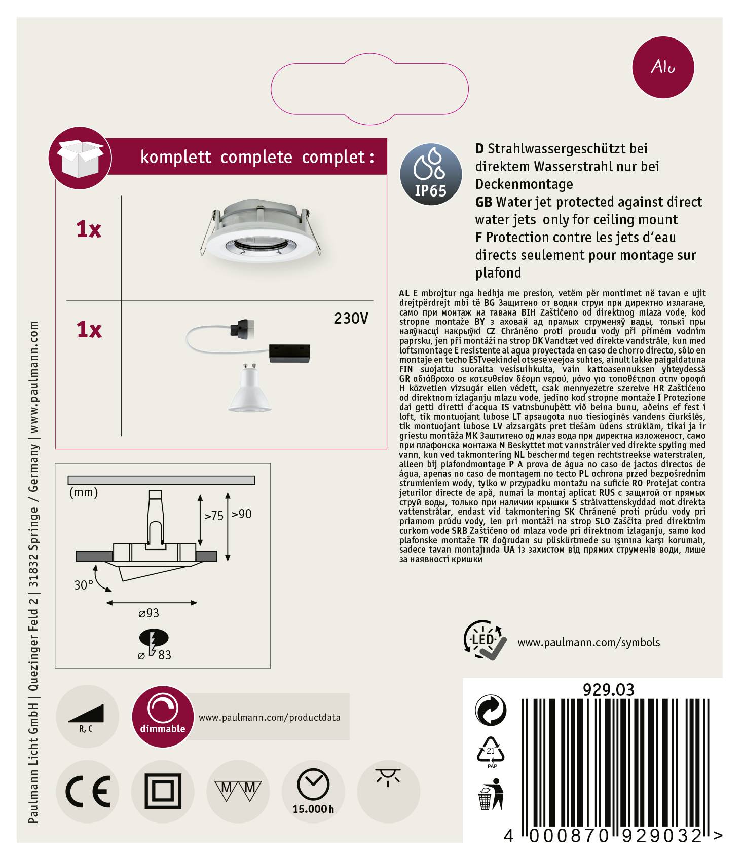 Paulmann Nova Bad-Einbauleuchte LED GU10 7W IP65 Weiß (matt), Chrom