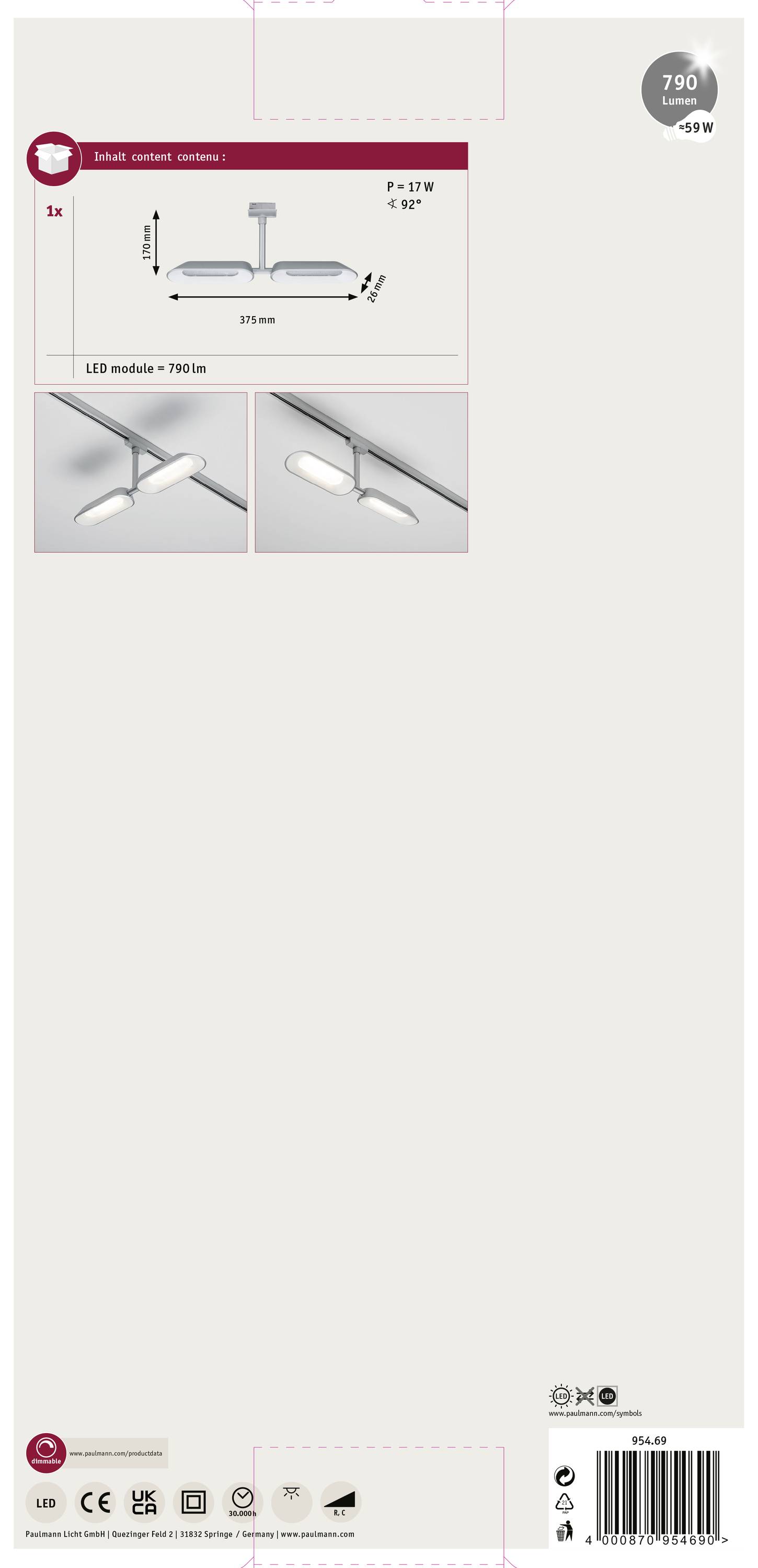 Paulmann Dipper Hochvolt-Schienensystem-Leuchte URail LED fest eingebaut 16W LED Chrom (matt), Weiß